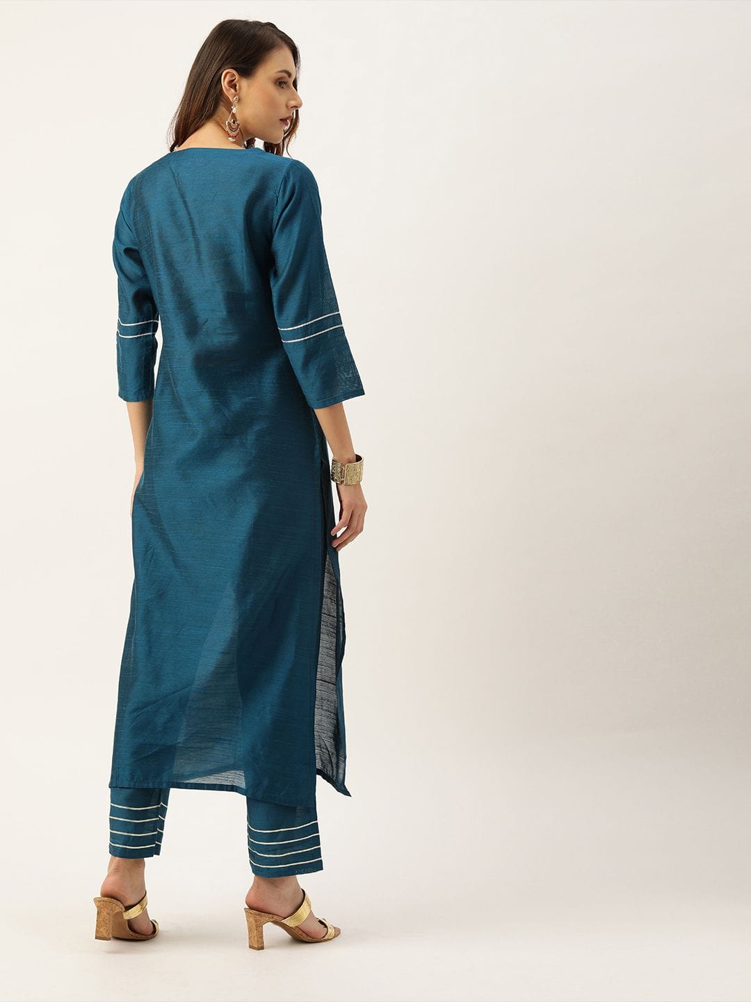 Women's Teal Blue Yoke Design Sequined Kurta With Trousers - Varanga