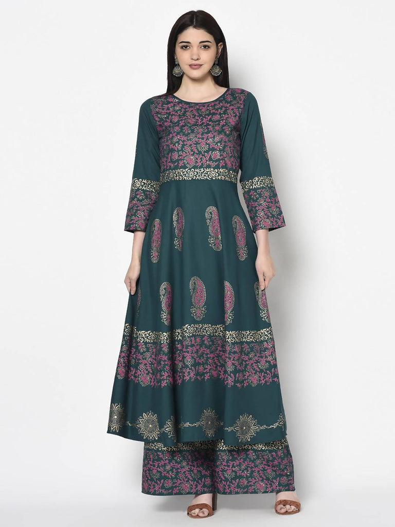 Women's Teal Blue Rayon Block print Anarkali Kurta