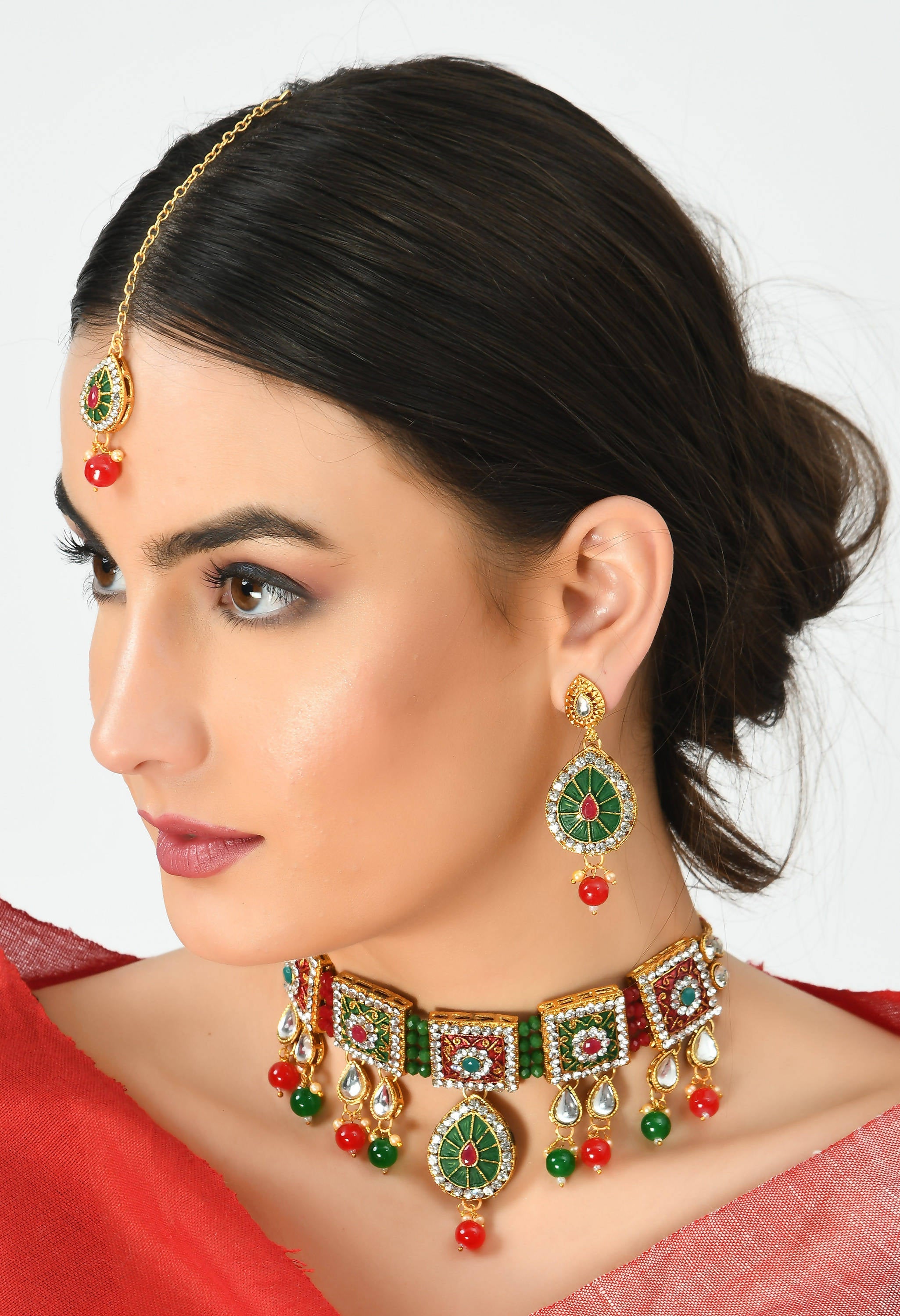 Kamal Johar Gold-Plated Chokar Necklace Multi color with Earring & Tikka Jkms_118