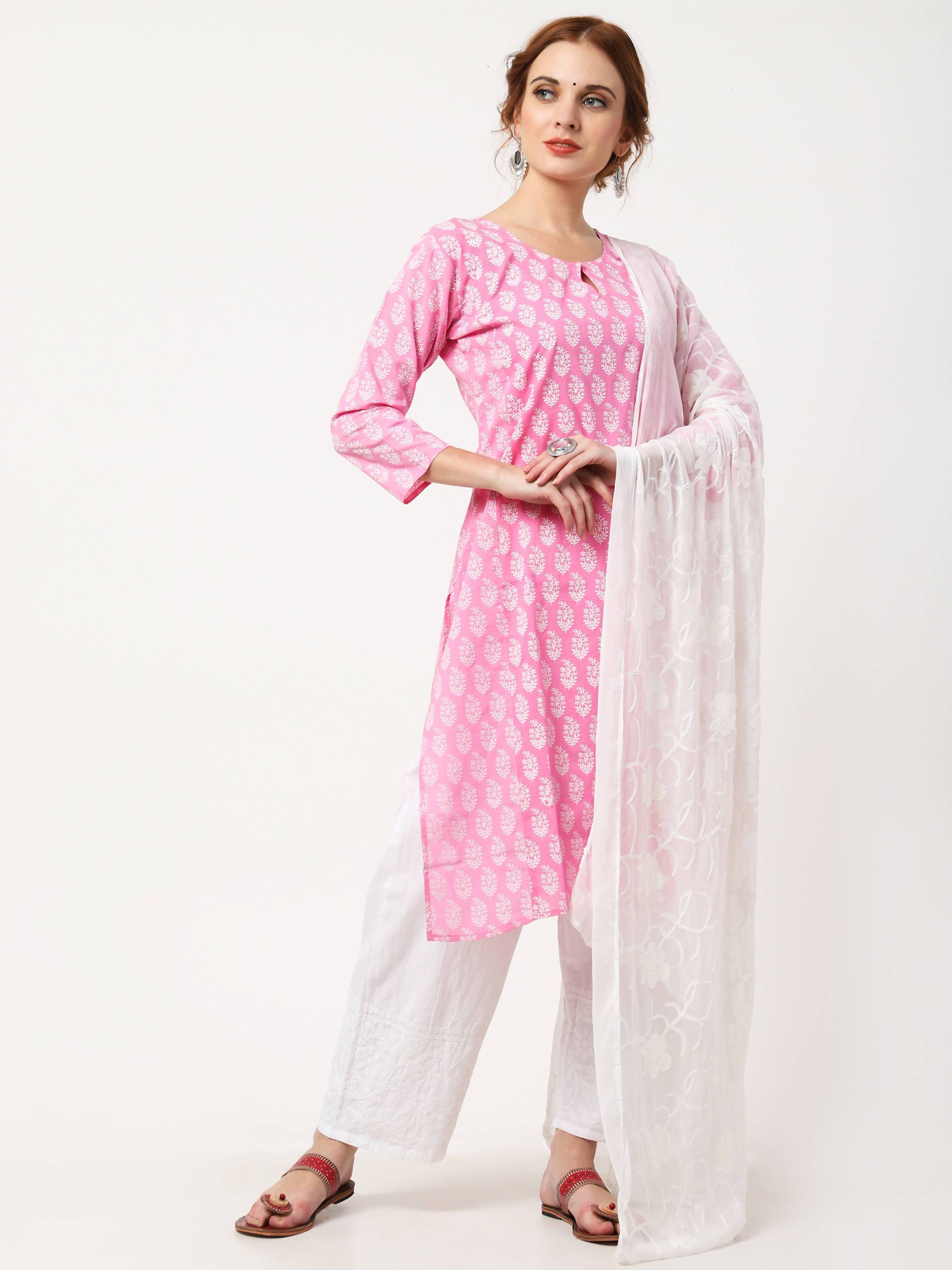 Women's Baby Pink & White Cotton Chiffon Kurta With Chikankari Palazzo & Embroidered Dupatta Set - Cheera
