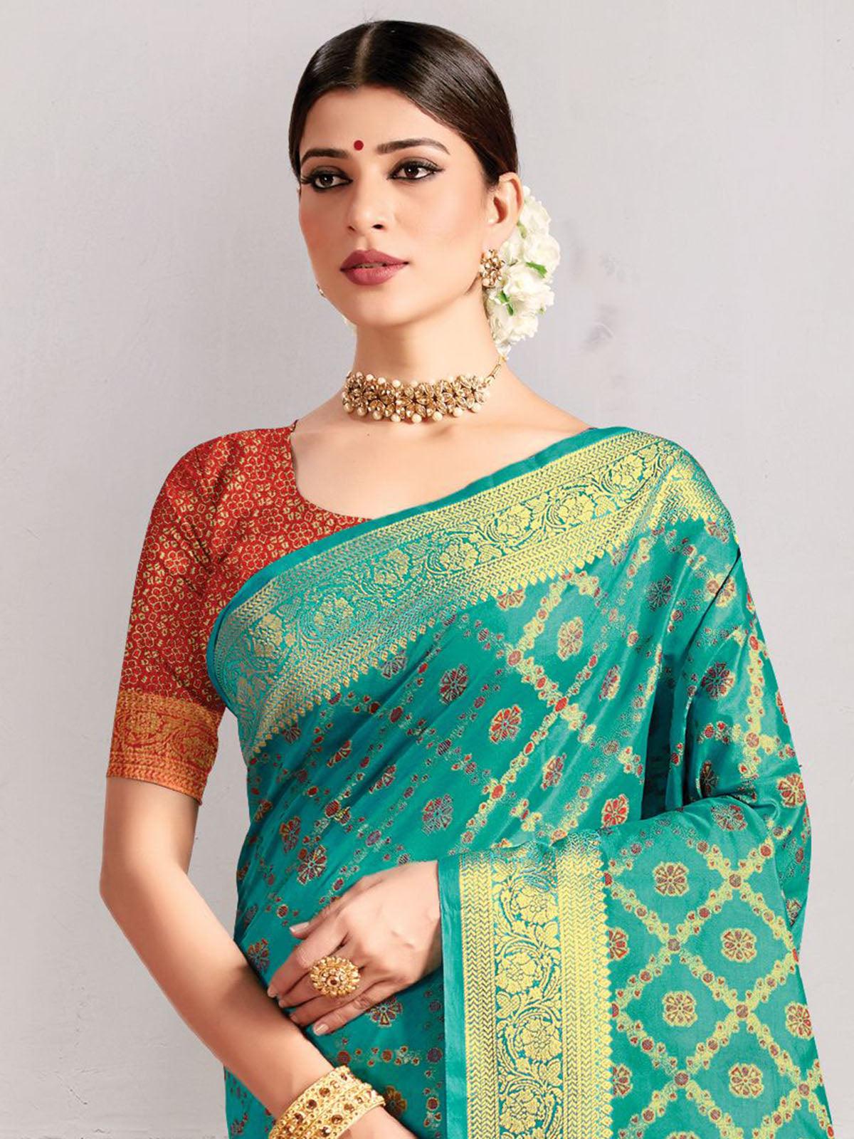 Women's Rama Green Silk Heavy Jari Wevon Designer Saree - Odette