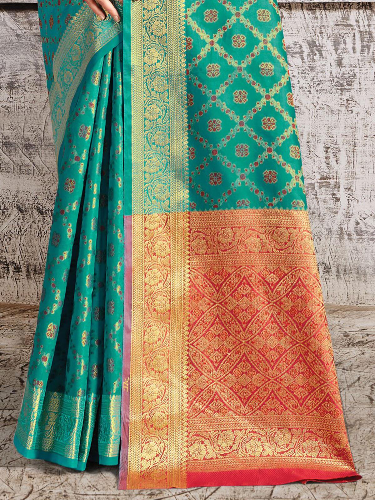 Women's Rama Green Silk Heavy Jari Wevon Designer Saree - Odette