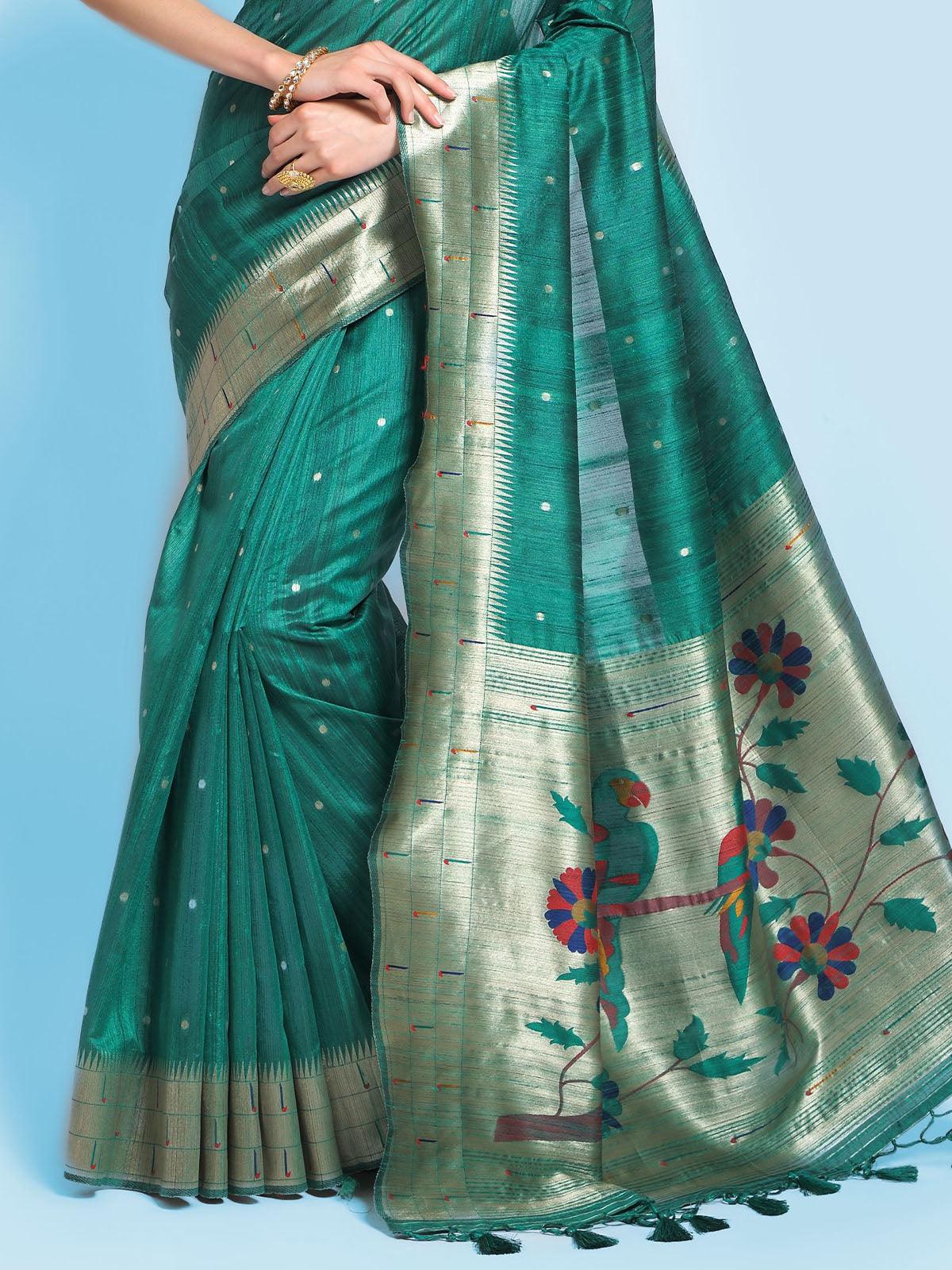 Women's Rama Tussar Silk Paithani Saree - Odette
