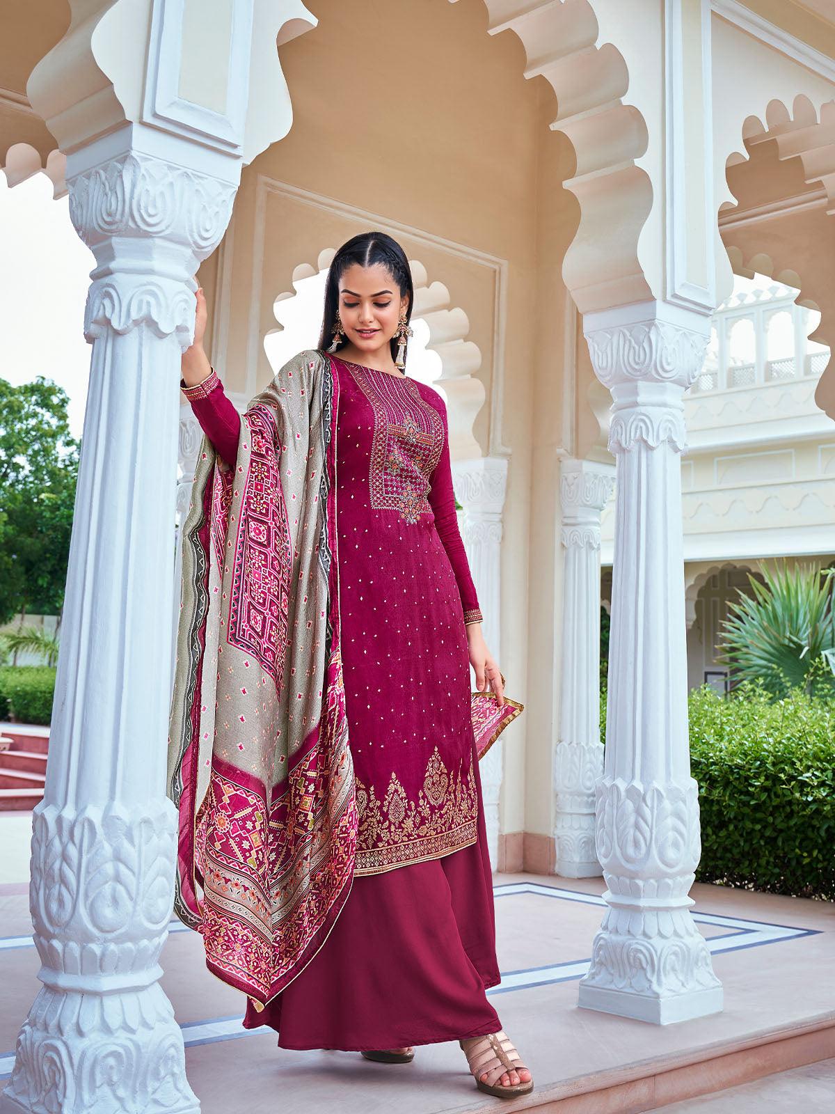 Women's Rani Pink Jacquard Silk Designer Embroidery Work Printed Kurta Set - Odette