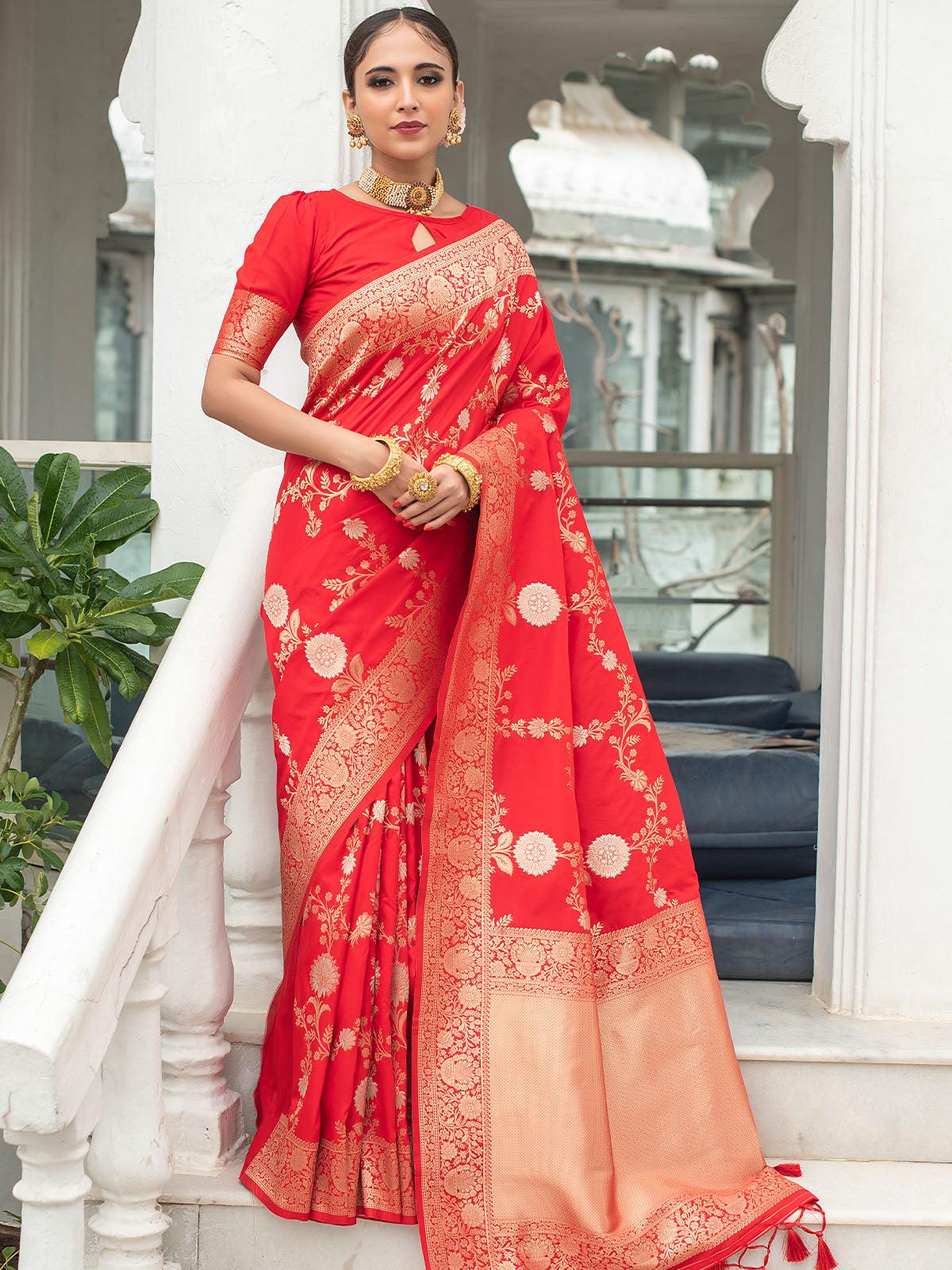 Women's Red Banarasi Silk Exclusive Wevon Designer Saree - Odette