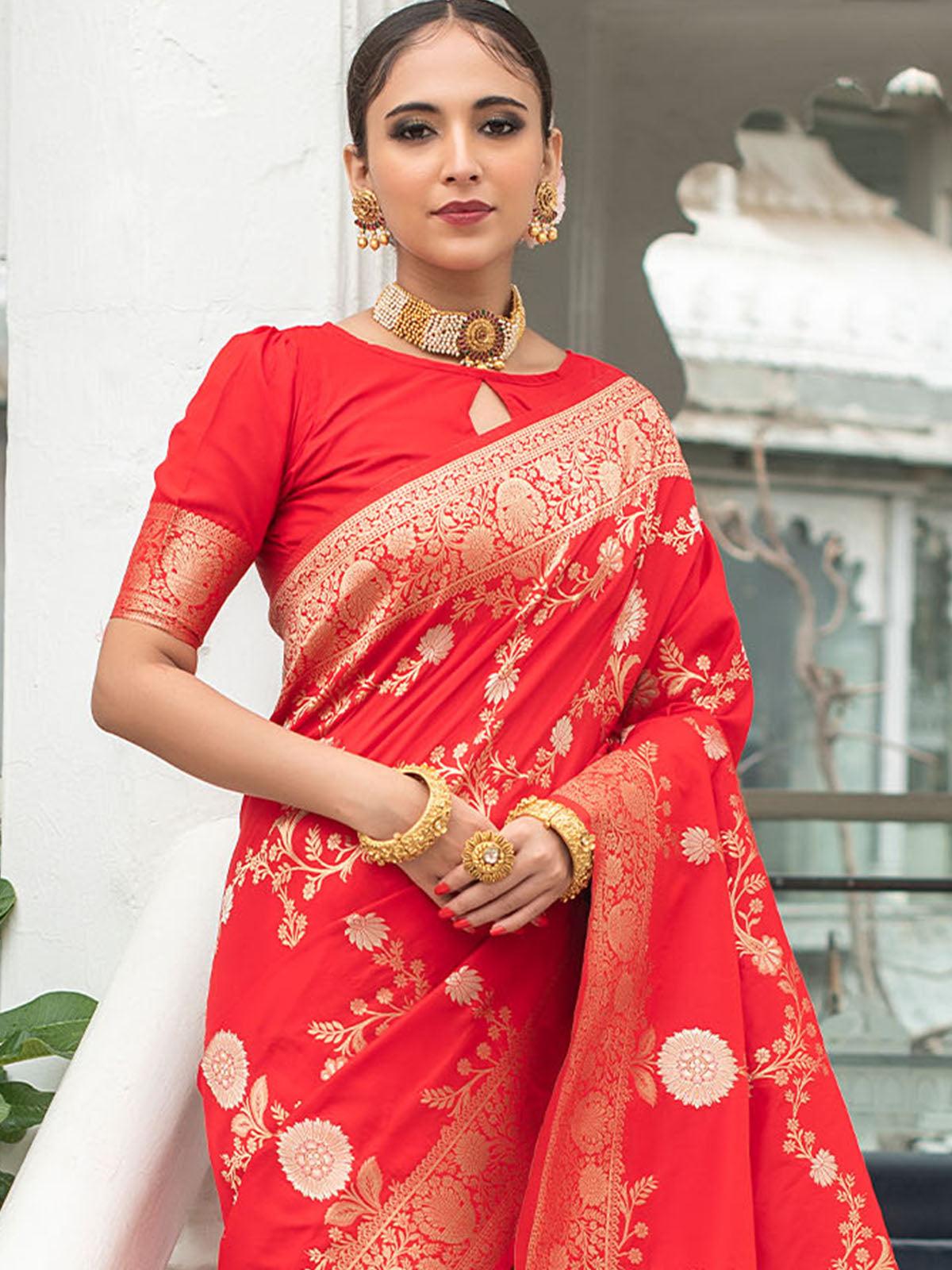 Women's Red Banarasi Silk Exclusive Wevon Designer Saree - Odette