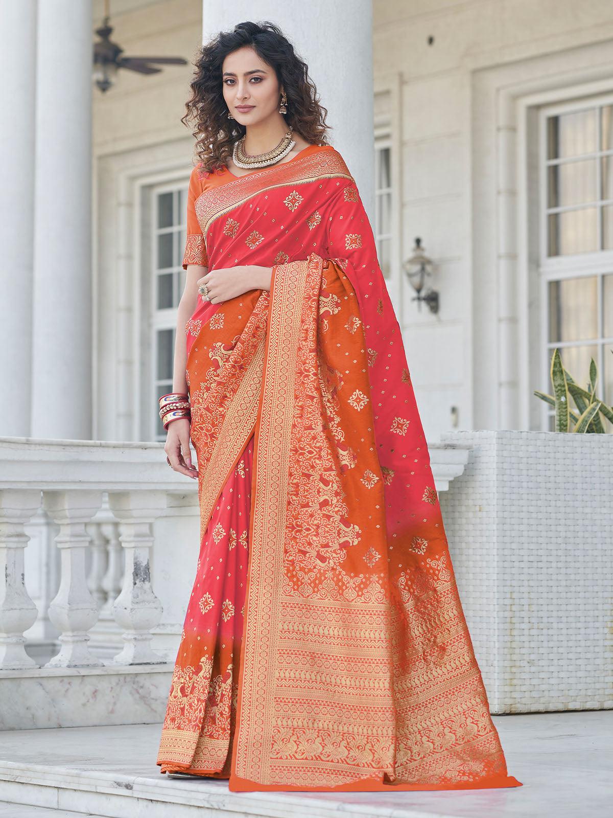 Women's Red Banarasi Silk Heavy Jari Designer Saree - Odette