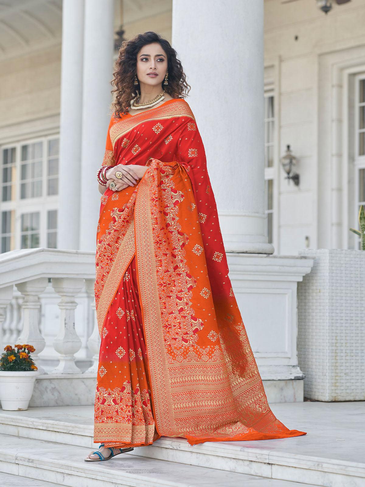 Women's Red Banarasi Silk Heavy Wevon Jari Designer Saree - Odette