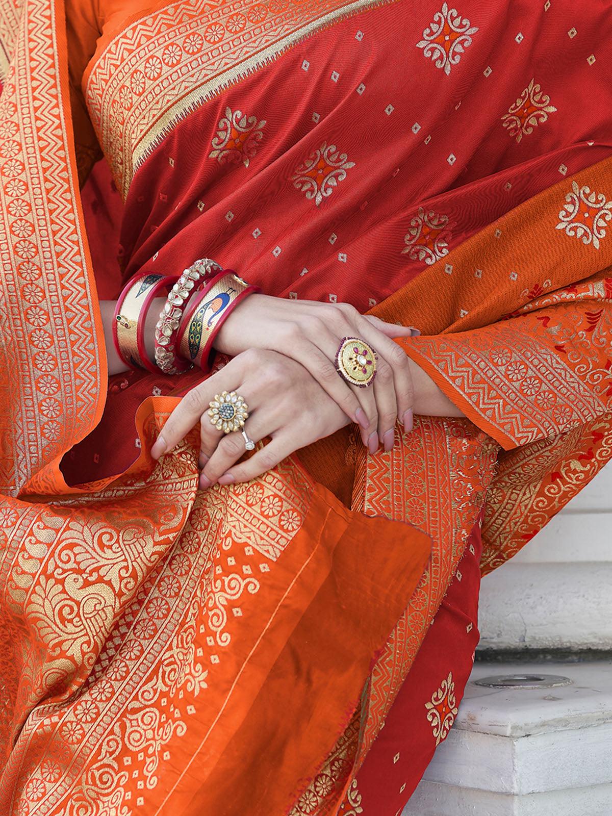 Women's Red Banarasi Silk Heavy Wevon Jari Designer Saree - Odette