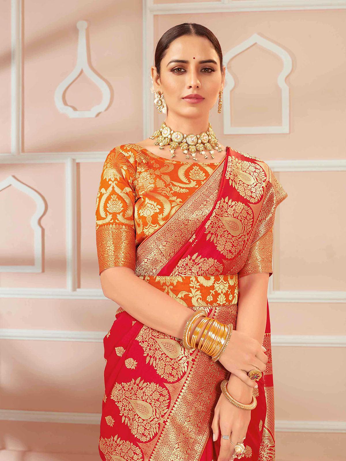 Women's Red Banarasi Silk Wevon Heavy Jari Designer Saree - Odette