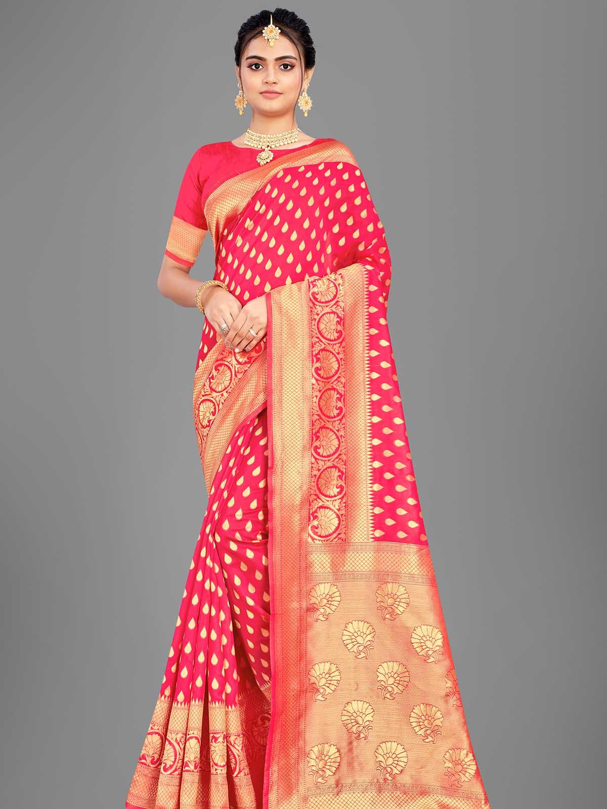 Women's Red Banarasi Silk Woven Design Saree With Blouse - Odette