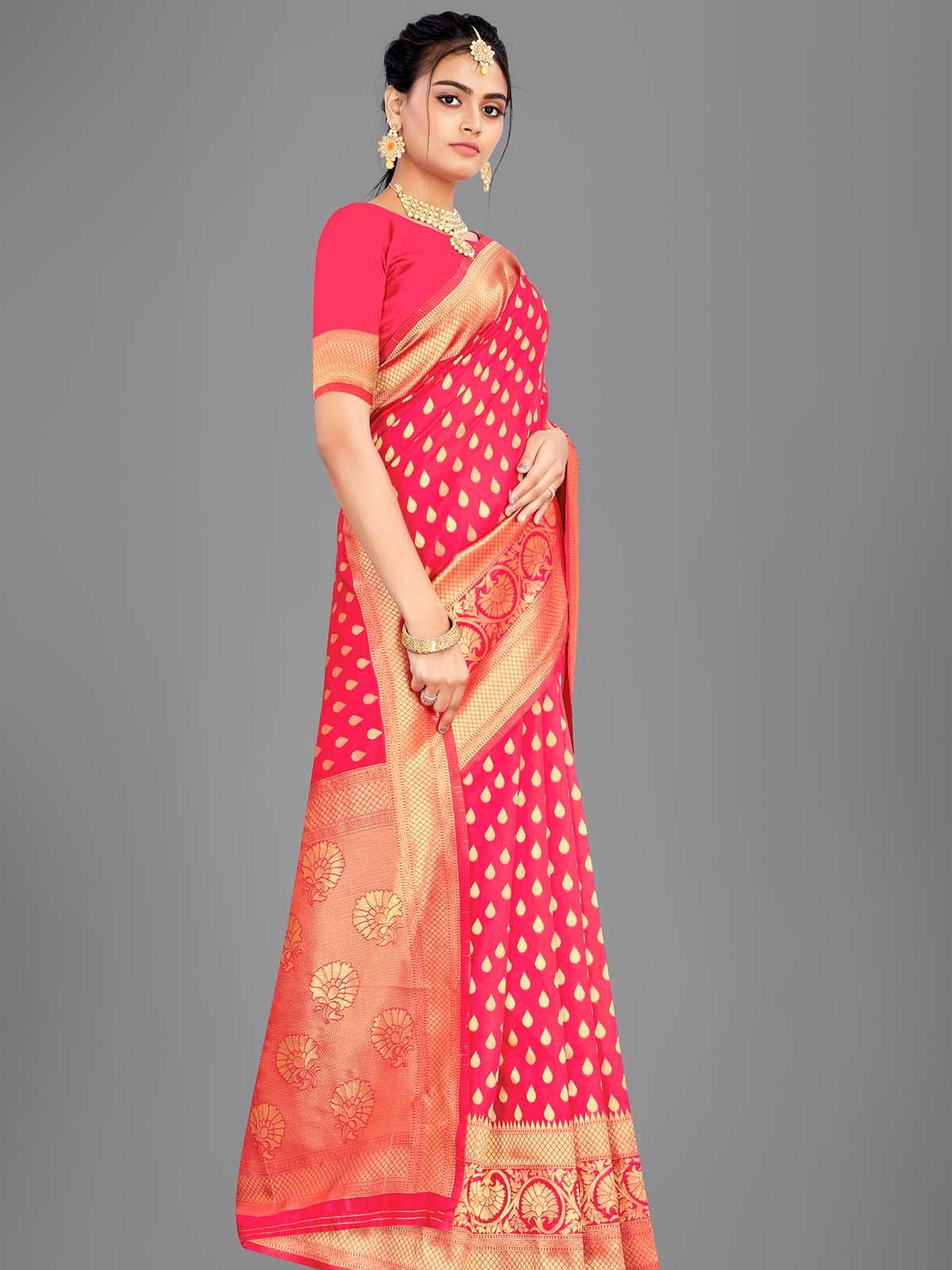 Women's Red Banarasi Silk Woven Design Saree With Blouse - Odette