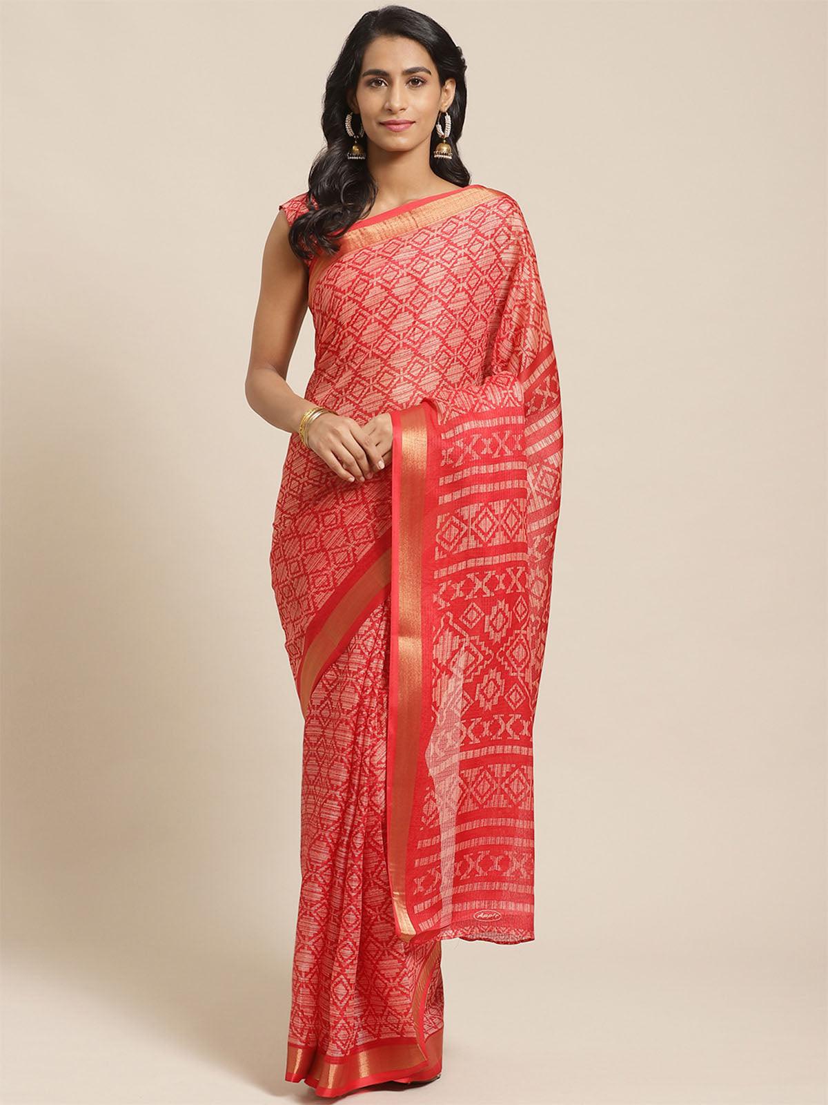 Women's Red Casual Silk Blend Printed Saree With Unstitched Blouse - Odette