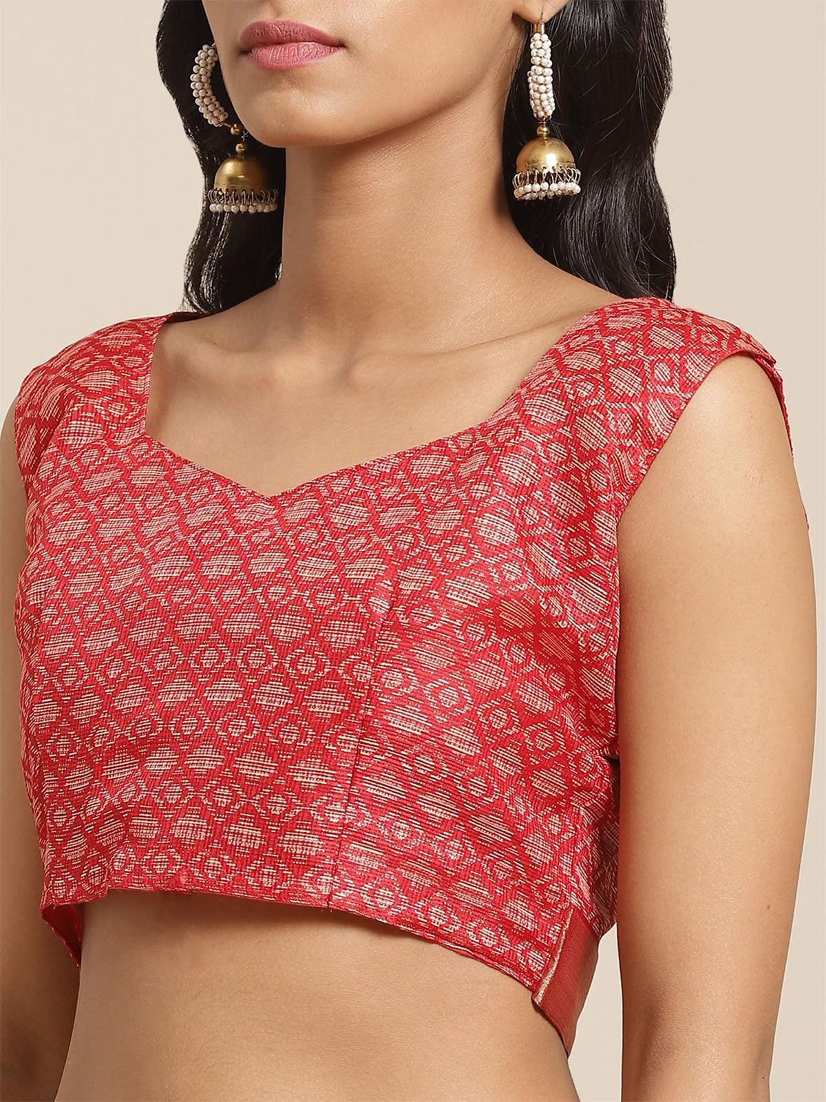 Women's Red Casual Silk Blend Printed Saree With Unstitched Blouse - Odette