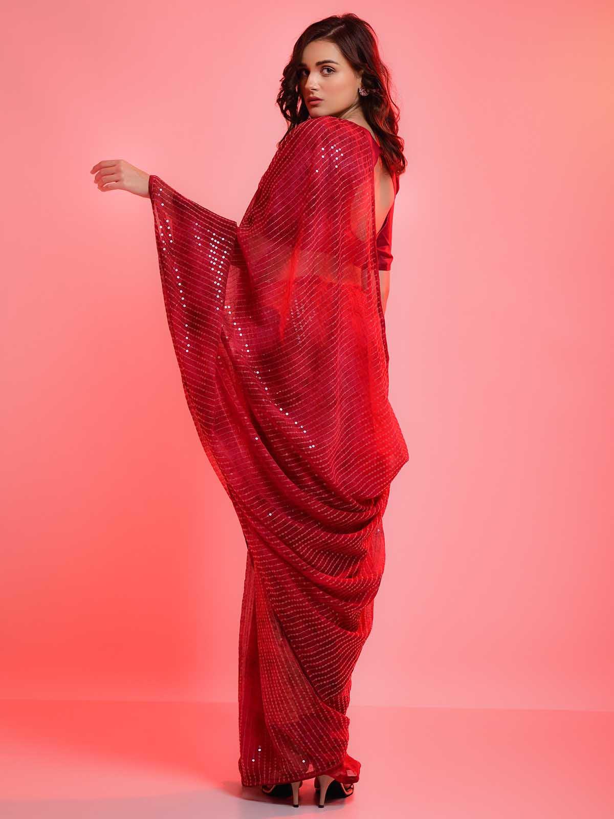 Women's Red Chiffon With Sequence Work Sequence Saree - Odette