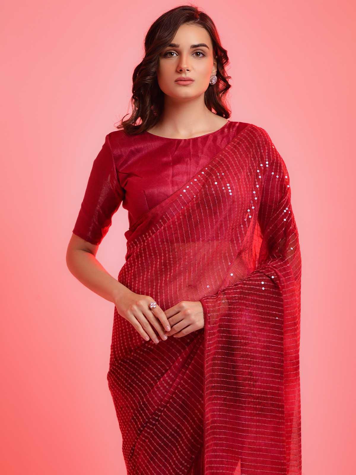 Women's Red Chiffon With Sequence Work Sequence Saree - Odette