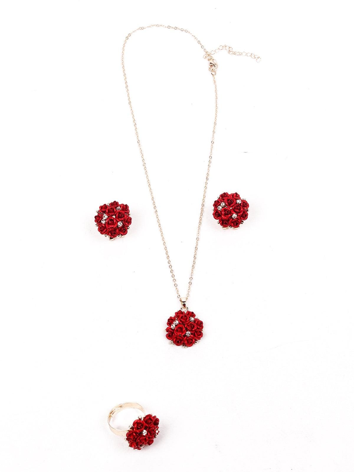 Women's Red Clustered Flowers Pendant Necklace Set - Odette