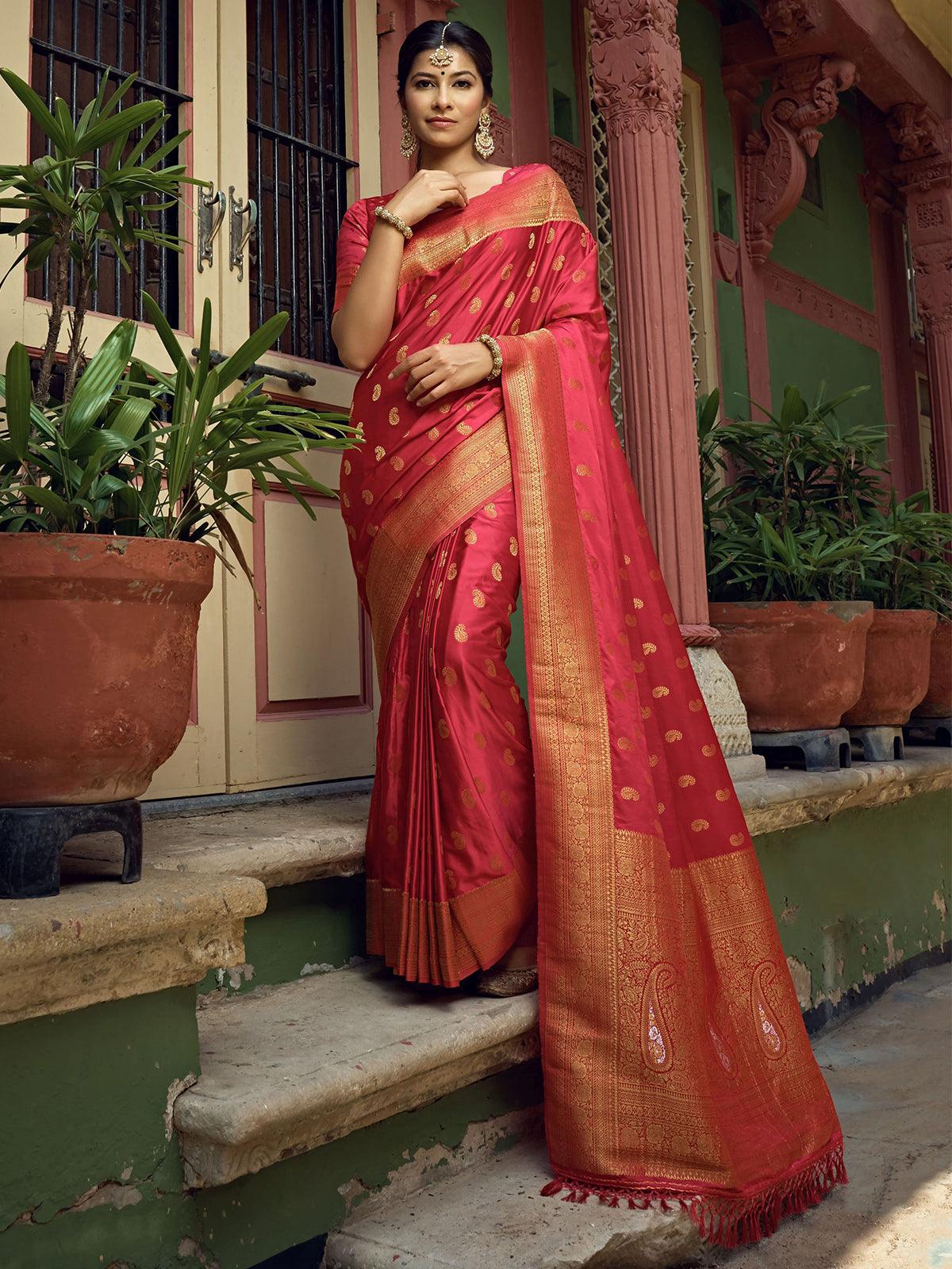 Women's Red Color Art Silk Saree With Art Silk Blouse - Odette