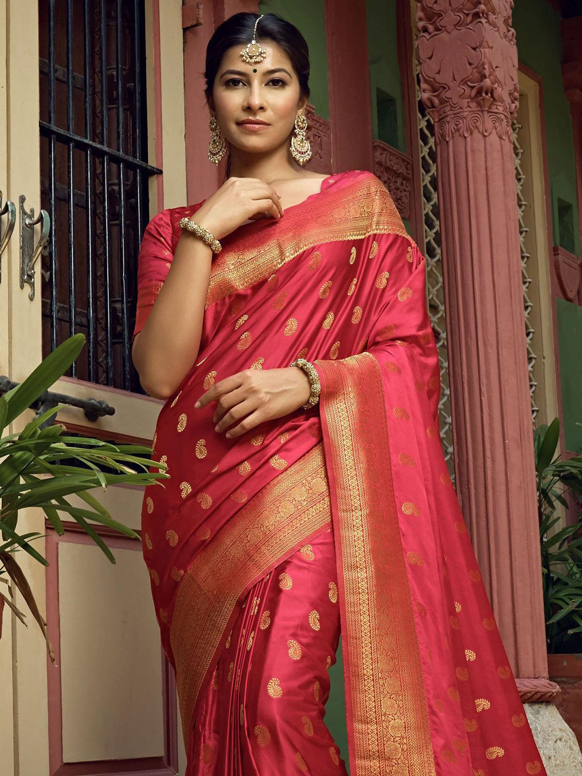 Women's Red Color Art Silk Saree With Art Silk Blouse - Odette