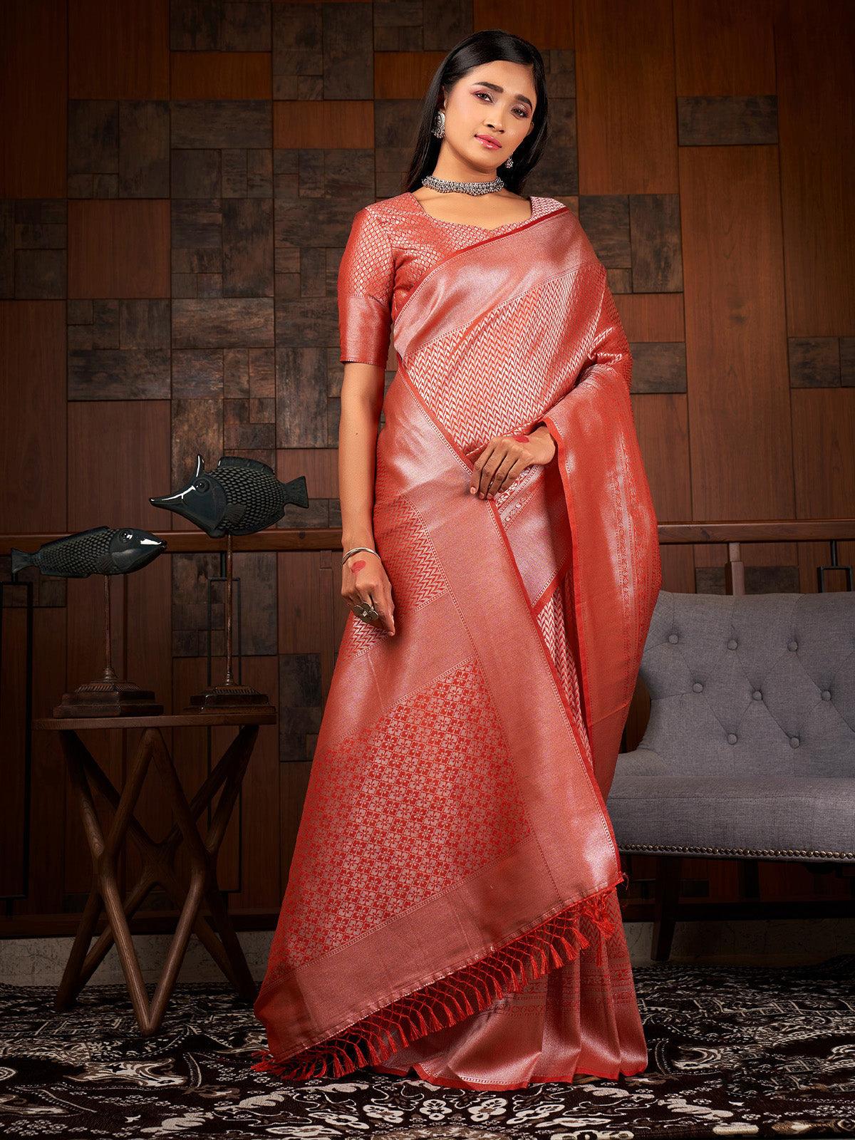 Women's Red Color Traditional Wear Raw Silk Saree - Odette