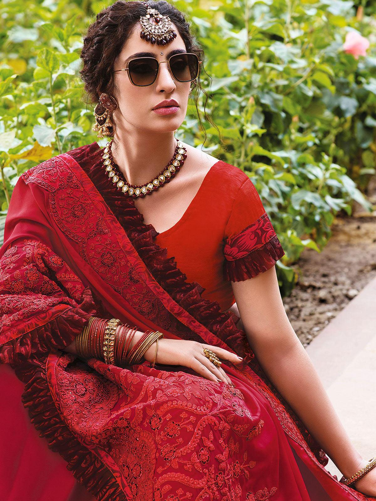 Women's Red Designer Art Silk Heavy Embroidered Saree - Odette