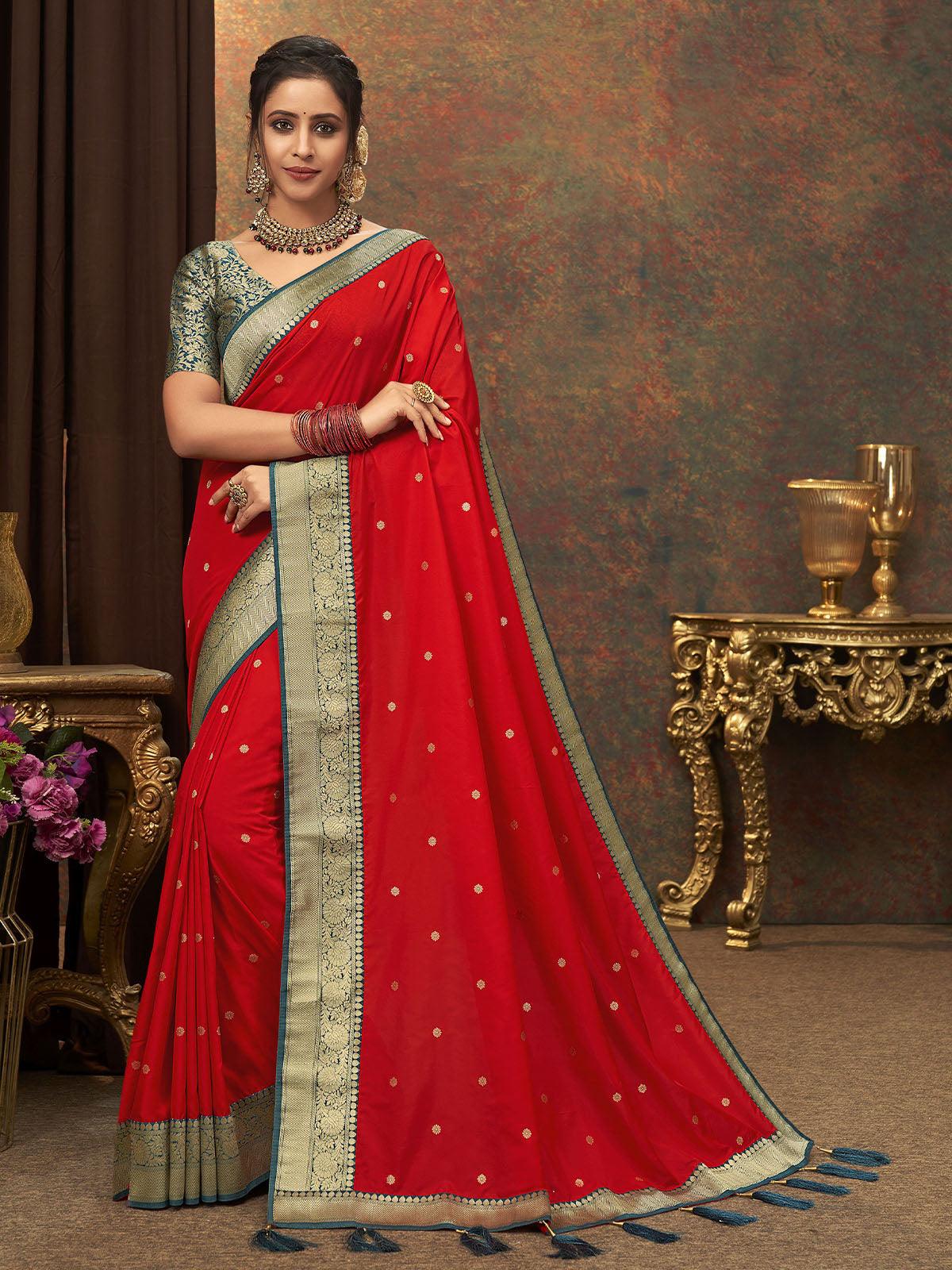 Women's Red Designer Banarasi Silk Saree - Odette