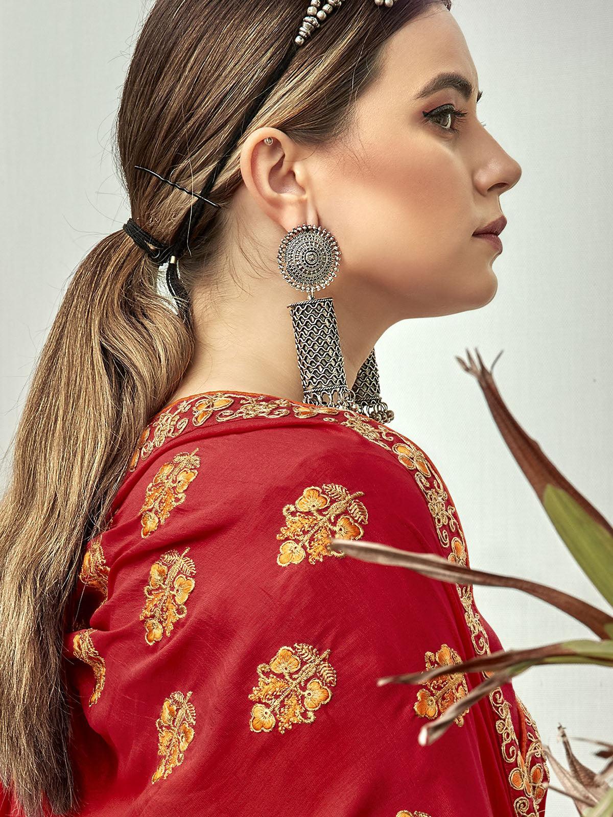 Women's Red Designer Thread Embroidered Saree - Odette