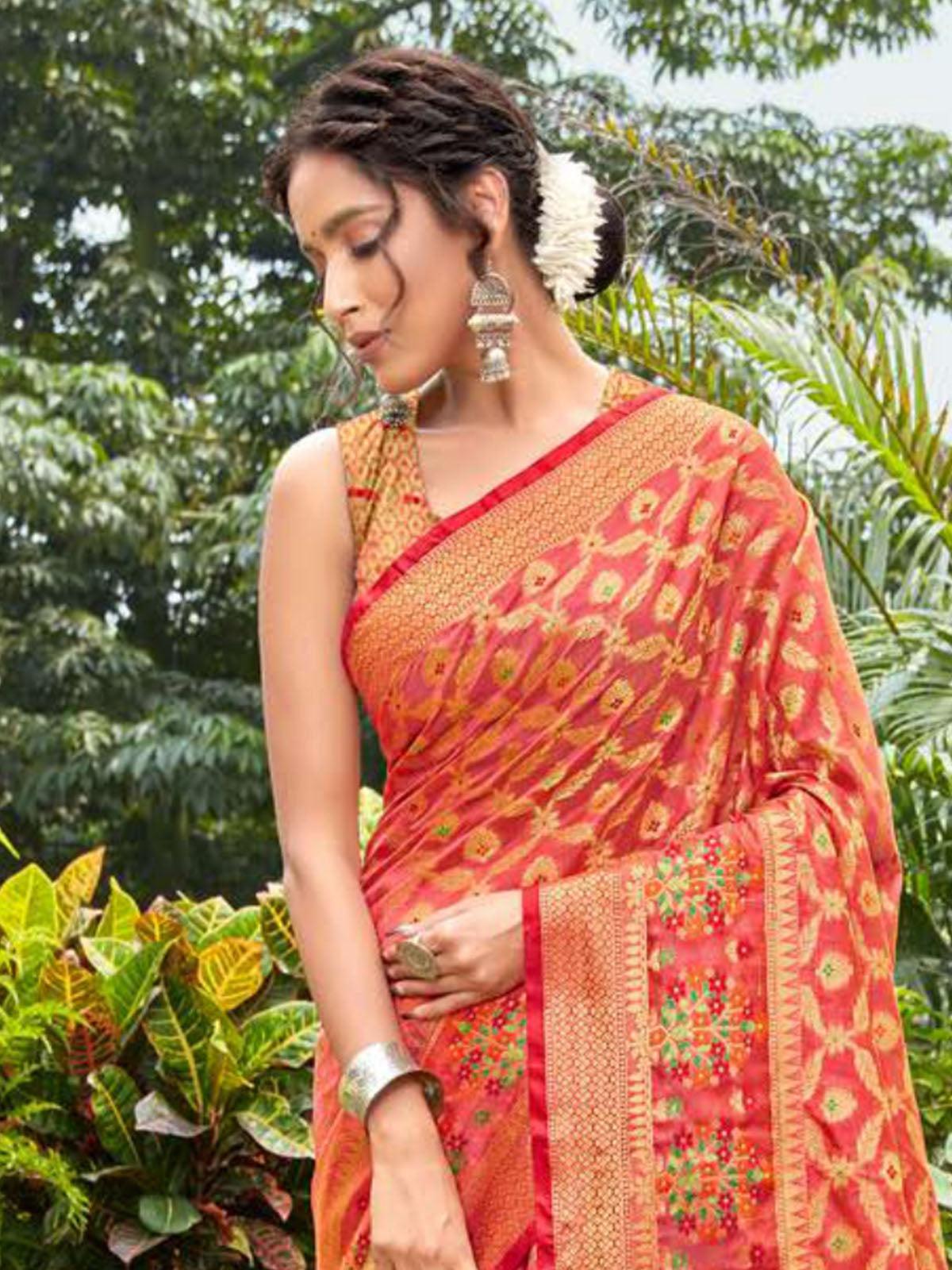 Women's Red Elegant Cotton Silk Weaving Designer Saree - Odette