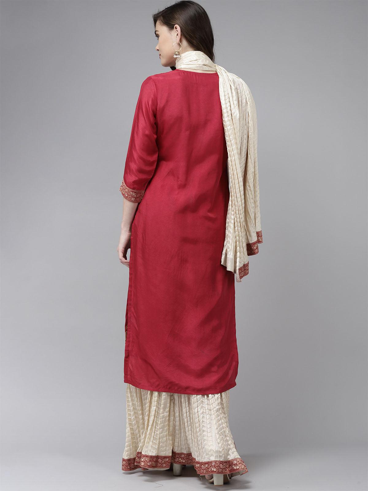 Women's Red Embroidered Straight Kurta Skirt With Dupatta Set - Odette