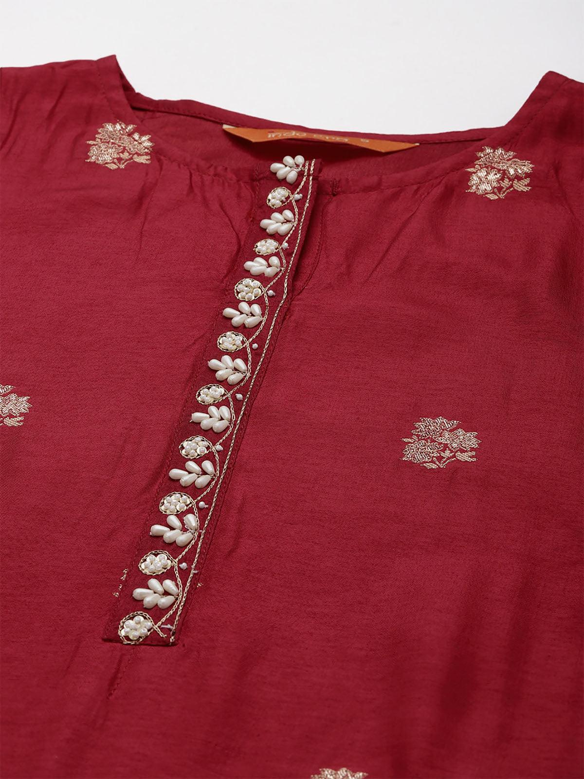 Women's Red Embroidered Straight Kurta Skirt With Dupatta Set - Odette