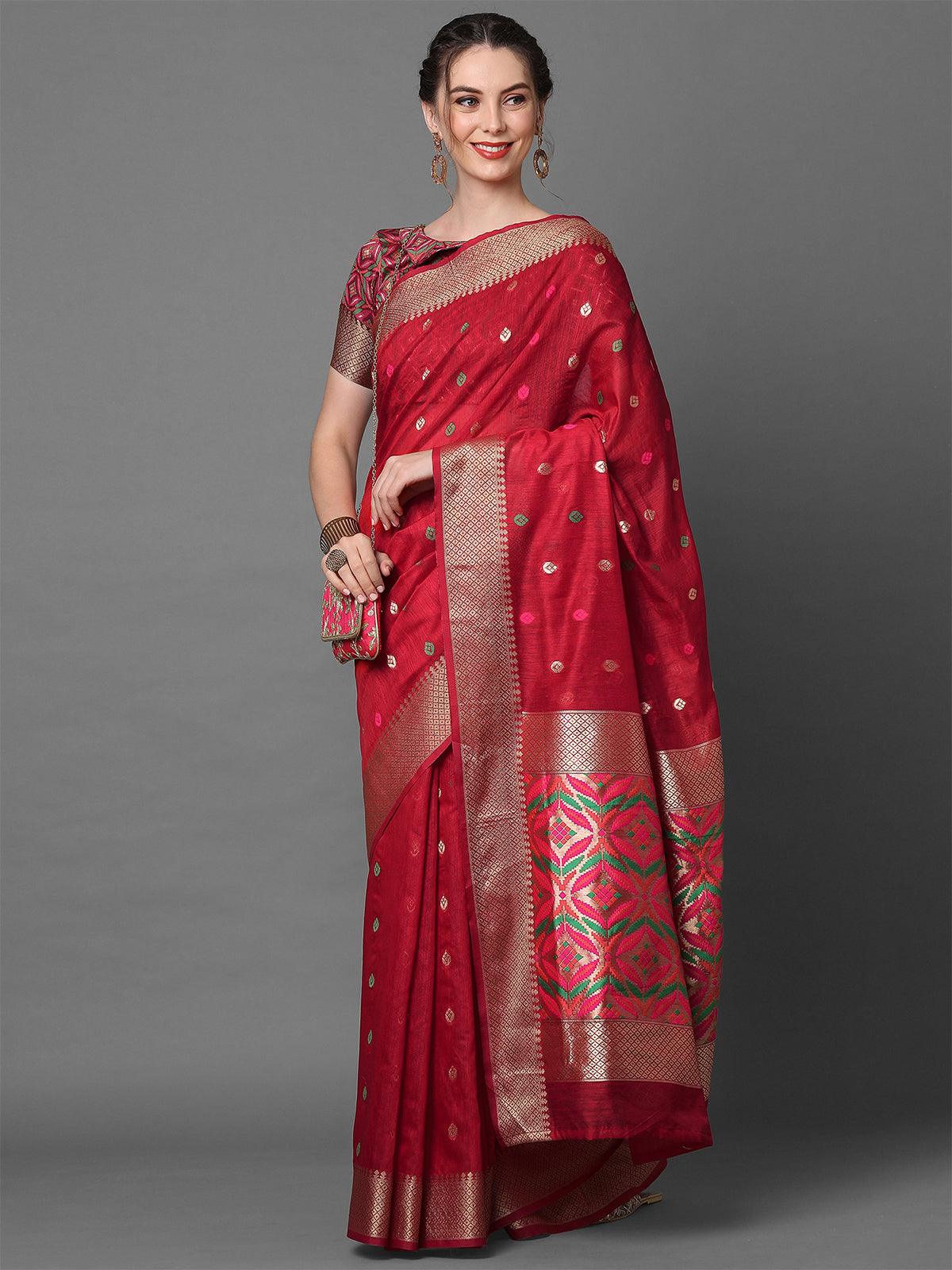 Women's Red Festive Cotton Blend Woven Design Saree With Unstitched Blouse - Odette