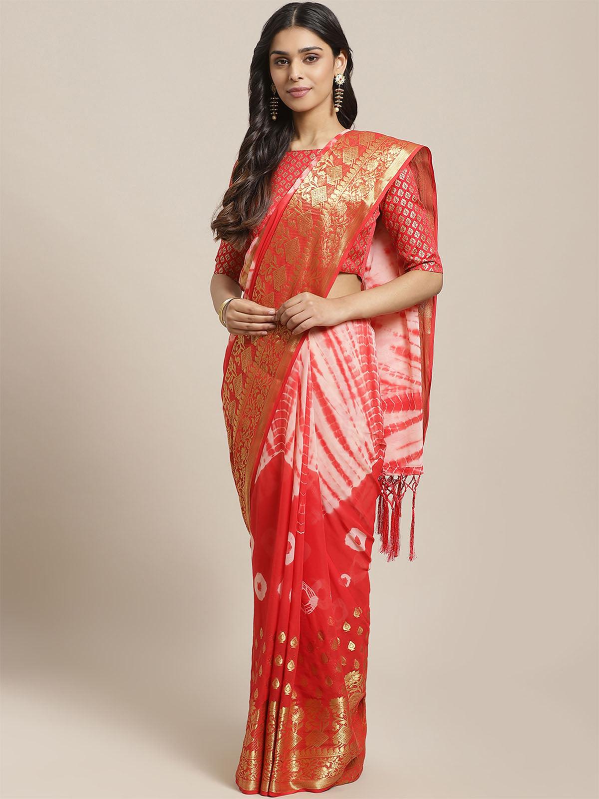 Women's Red Festive Georgette Woven Saree With Unstitched Blouse - Odette