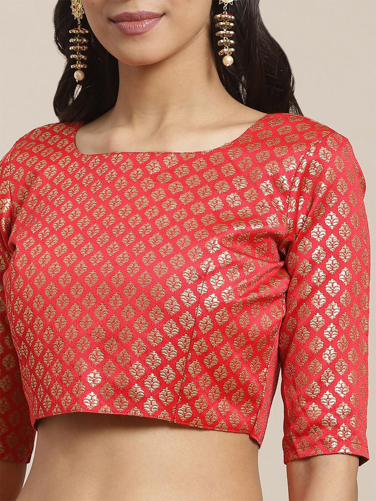 Women's Red Festive Georgette Woven Saree With Unstitched Blouse - Odette
