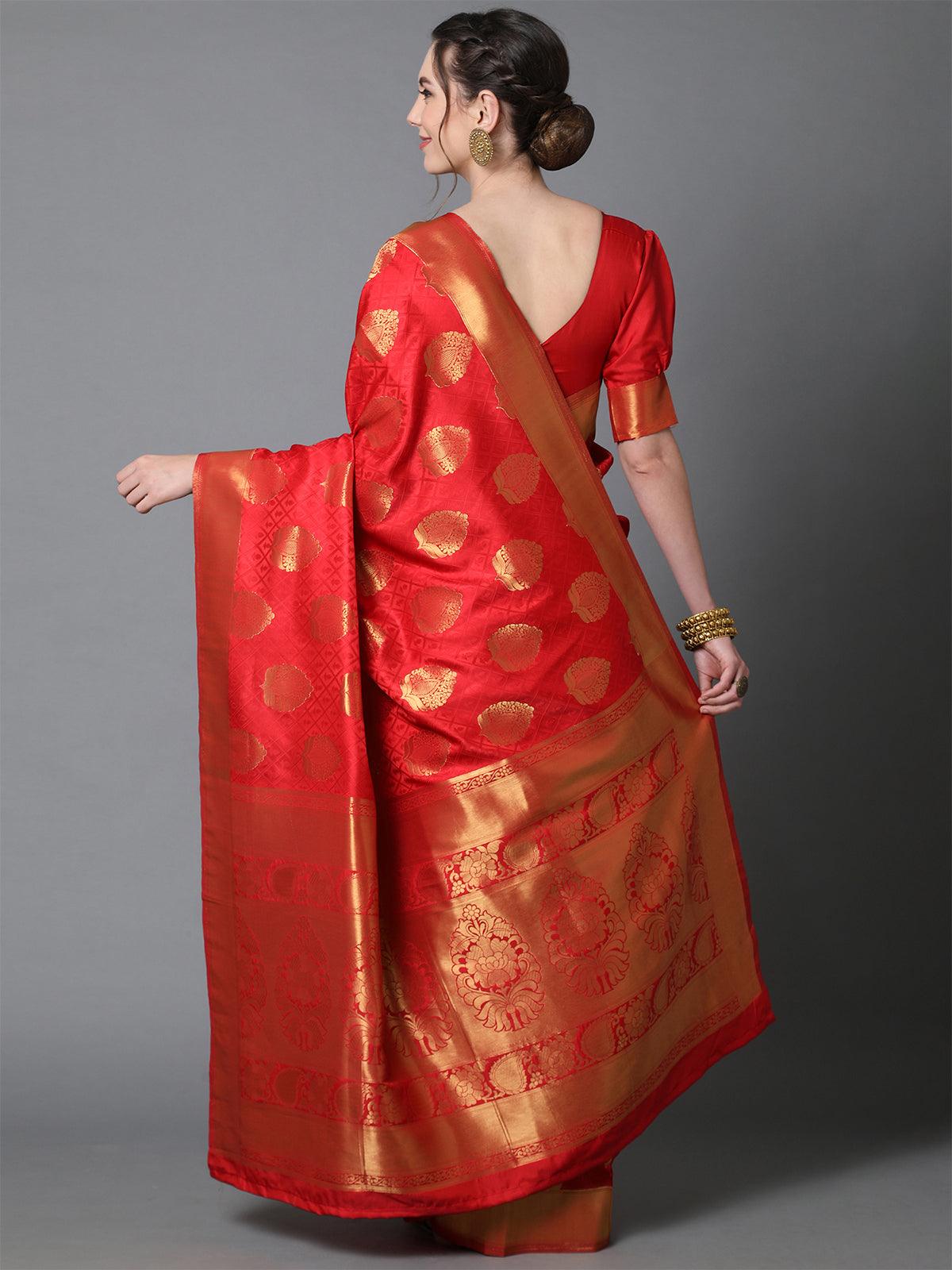 Women's Red Festive Kanjivaram Silk Woven Design Saree With Unstitched Blouse - Odette