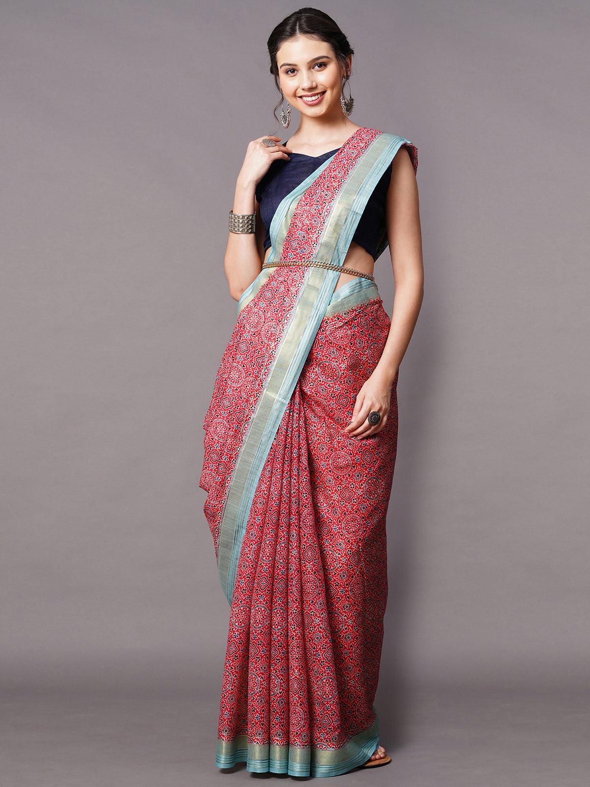 Women's Red Festive Linen Blend Printed Saree With Unstitched Blouse - Odette