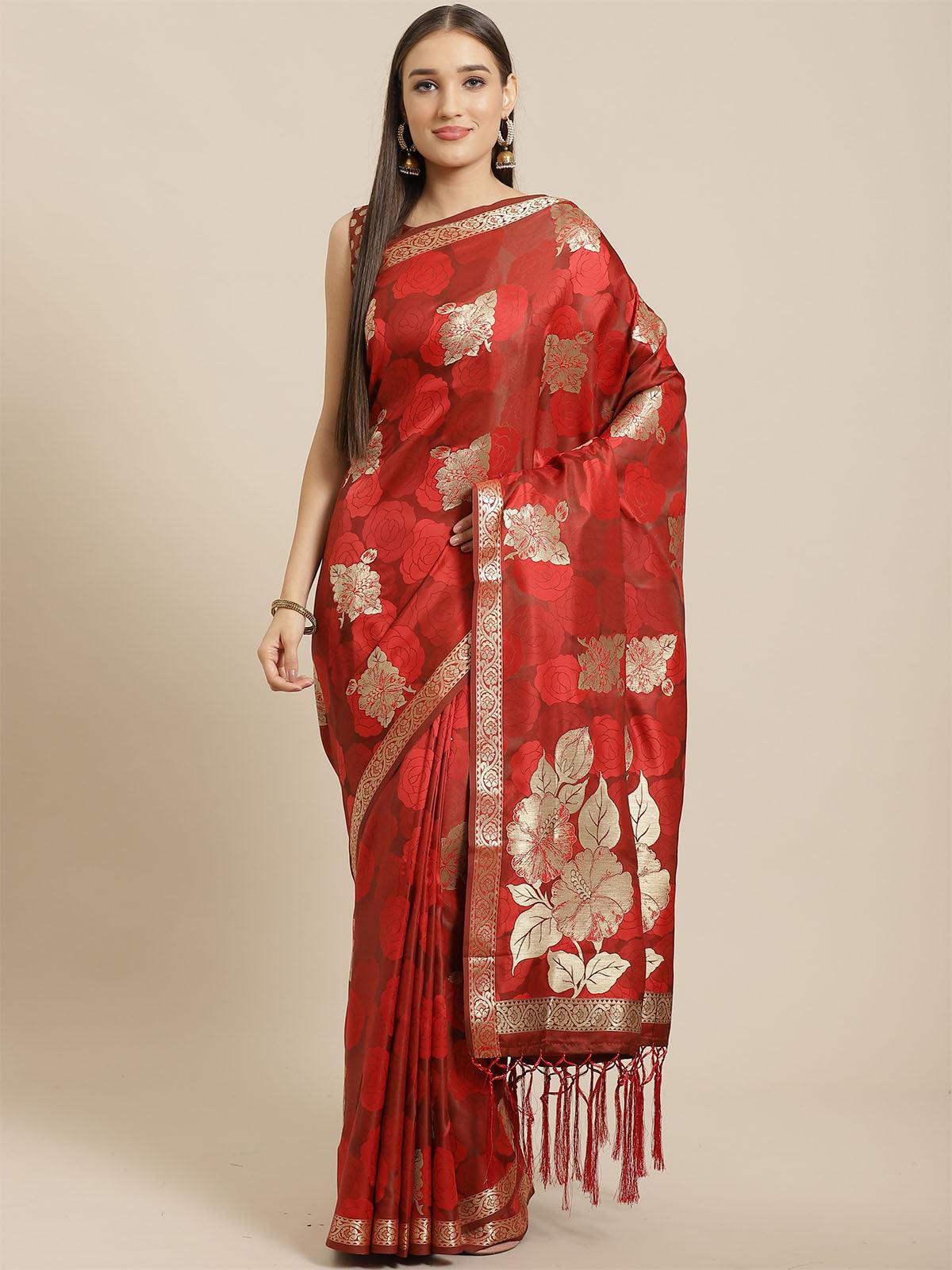 Women's Red Festive Pure Satin Woven Saree With Unstitched Blouse - Odette