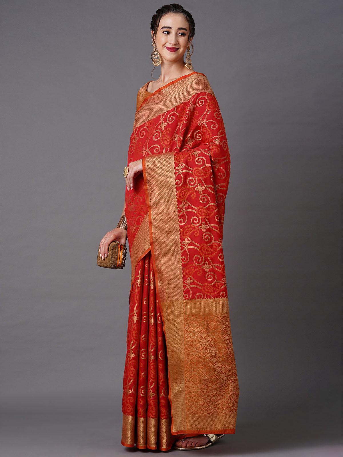 Women's Red Festive Silk Blend Paisly Saree With Unstitched Blouse - Odette