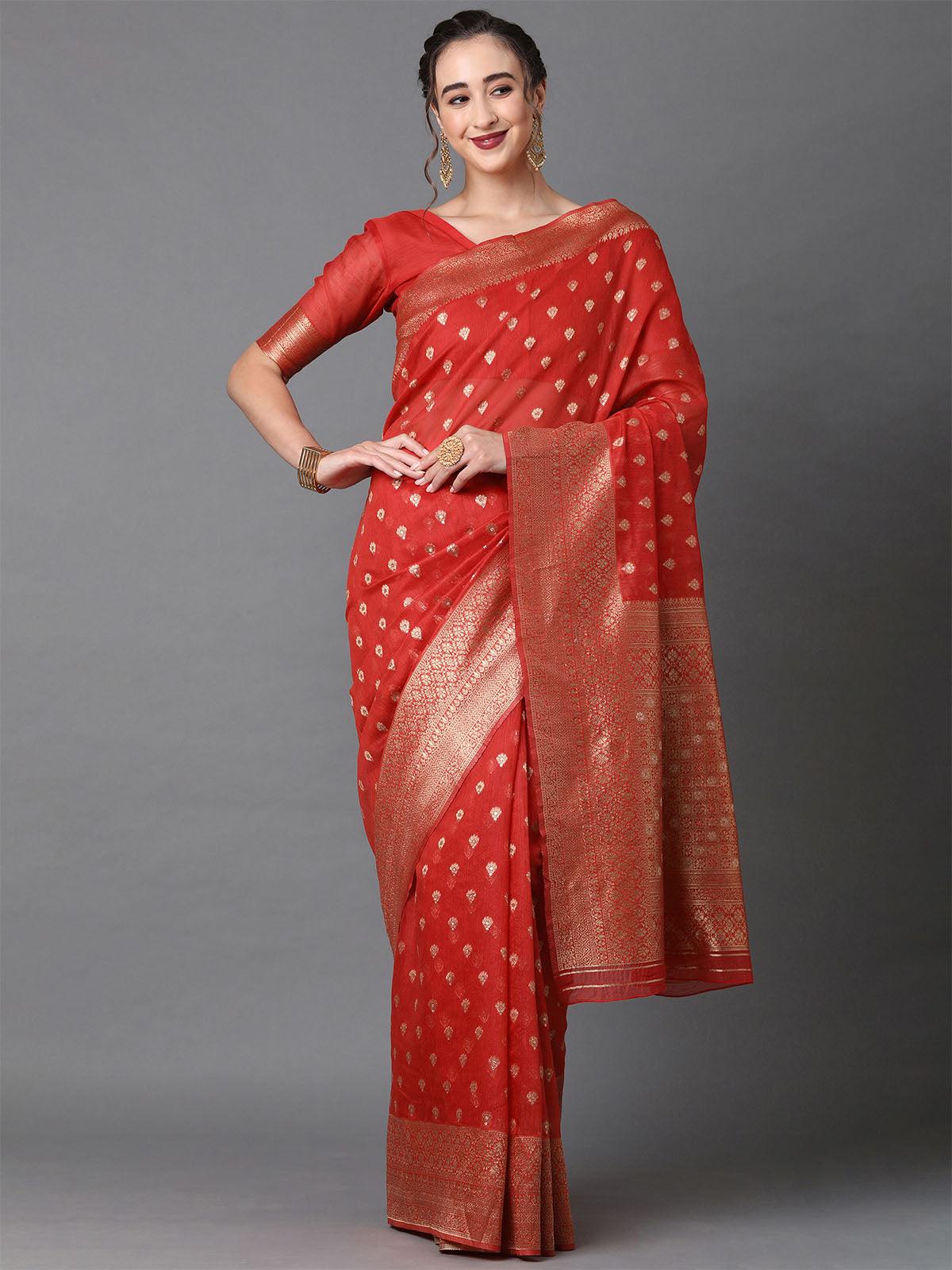 Women's Red Festive Silk Blend Woven Design Saree With Unstitched Blouse - Odette