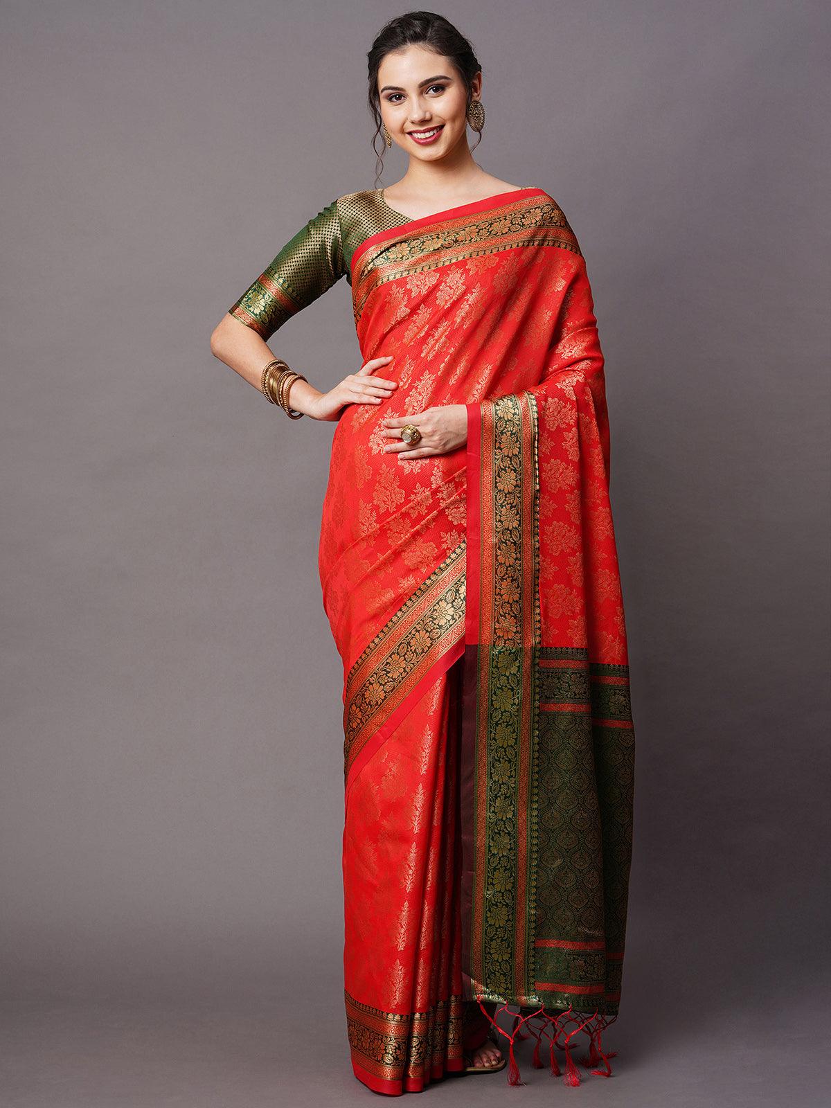 Women's Red Festive Silk Blend Woven Design Saree With Unstitched Blouse - Odette