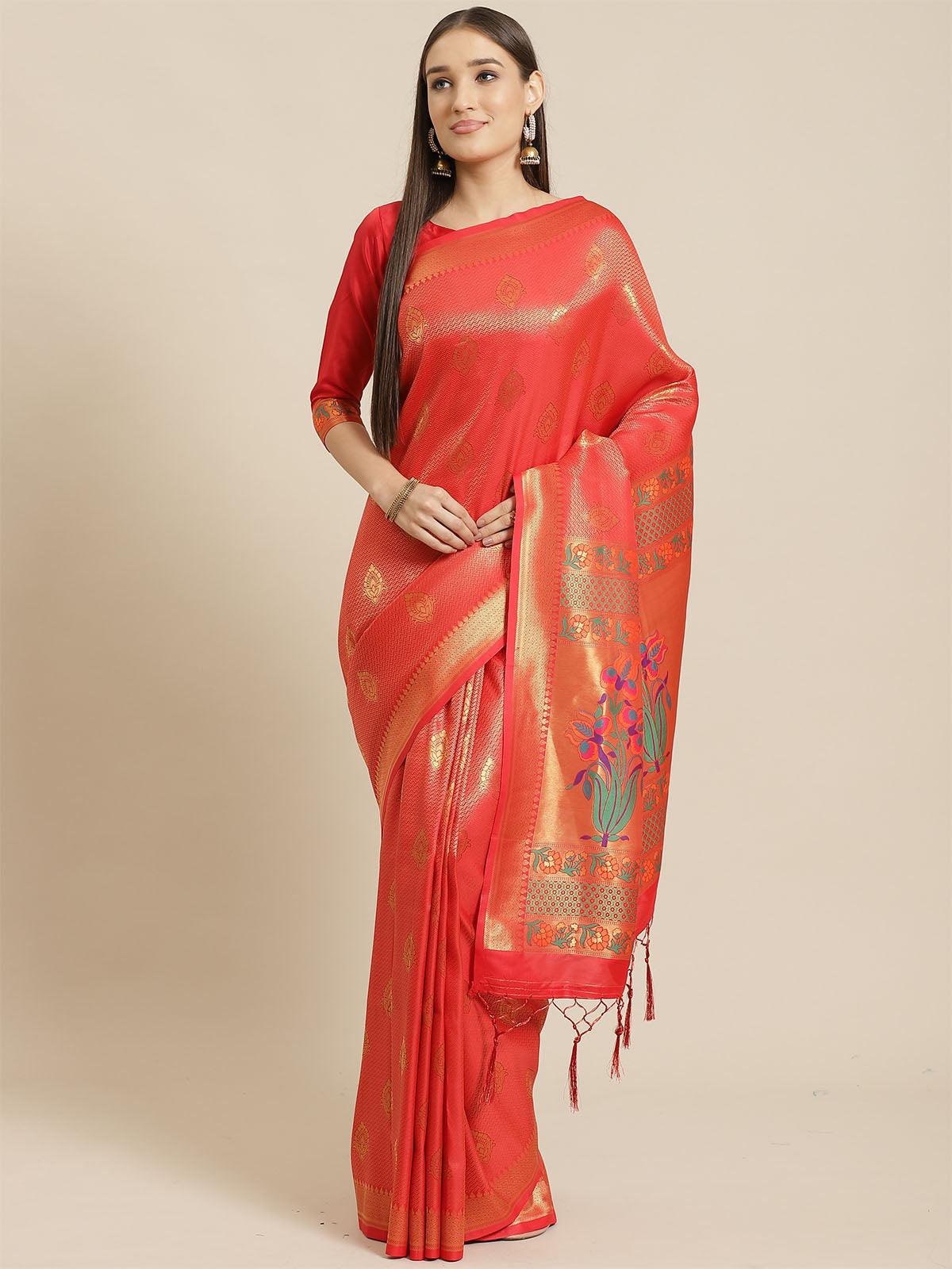 Women's Red Festive Silk Blend Woven Saree With Unstitched Blouse - Odette