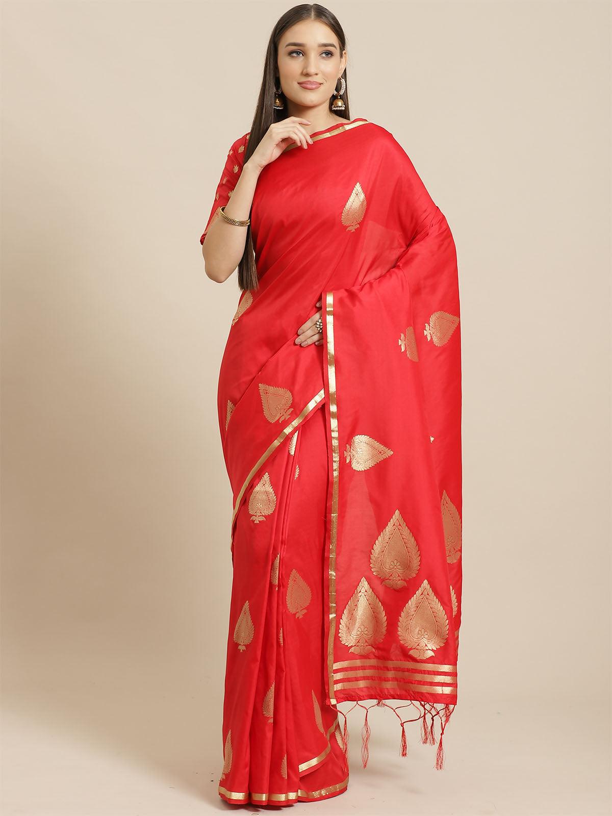 Women's Red Festive Silk Blend Woven Saree With Unstitched Blouse - Odette