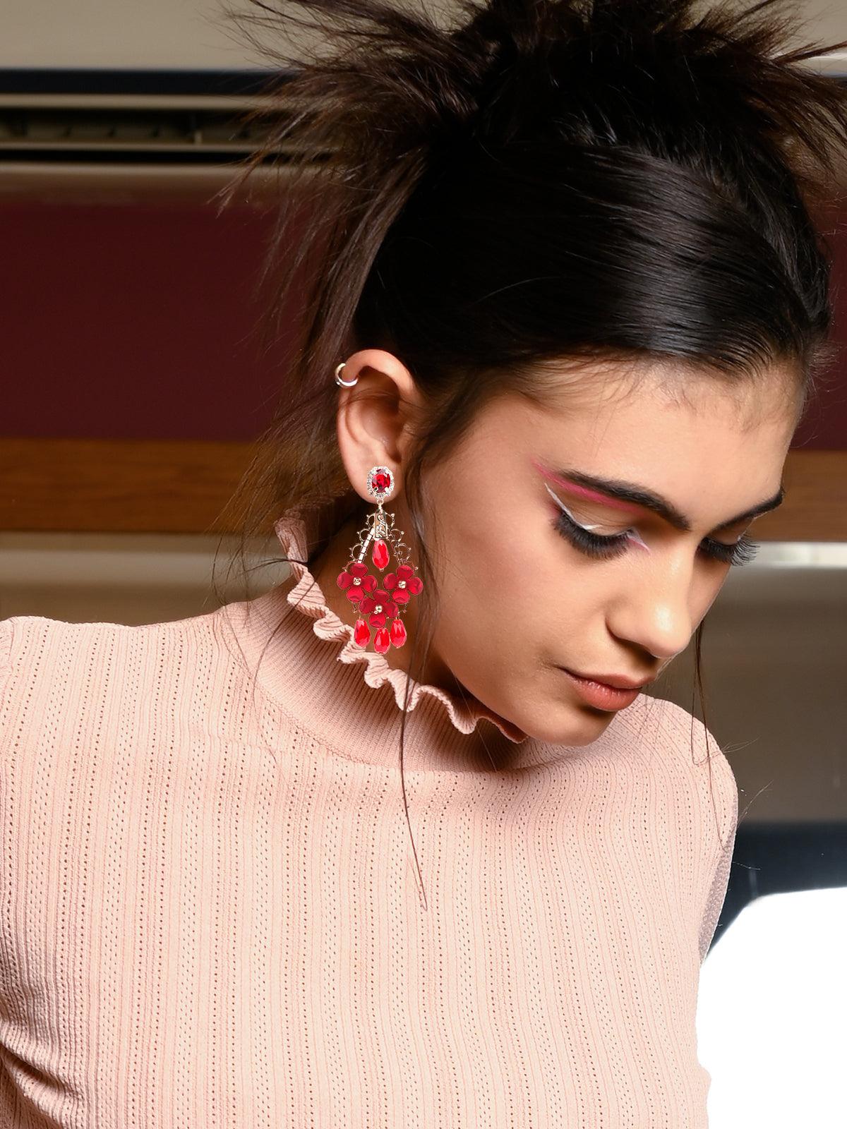 Women's Red Floral Chandelier Drop Earrings - Odette
