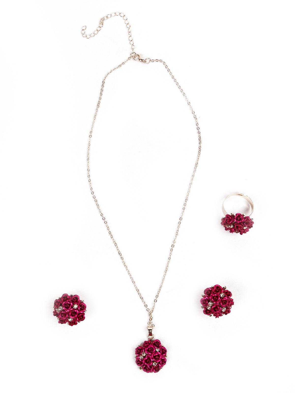 Women's Red Floral Pendant Necklace Set - Odette