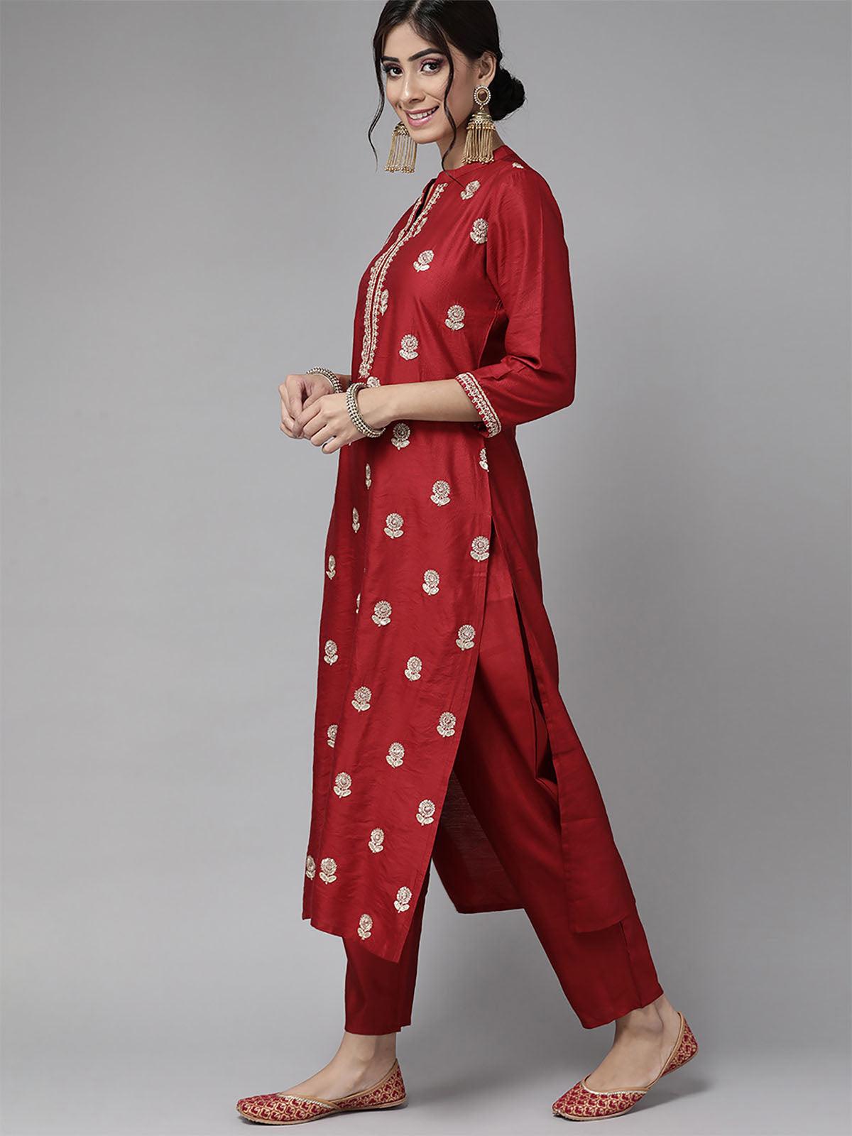 Women's Red Floral Printed Straight Kurta Palazzo With Dupatta Set - Odette