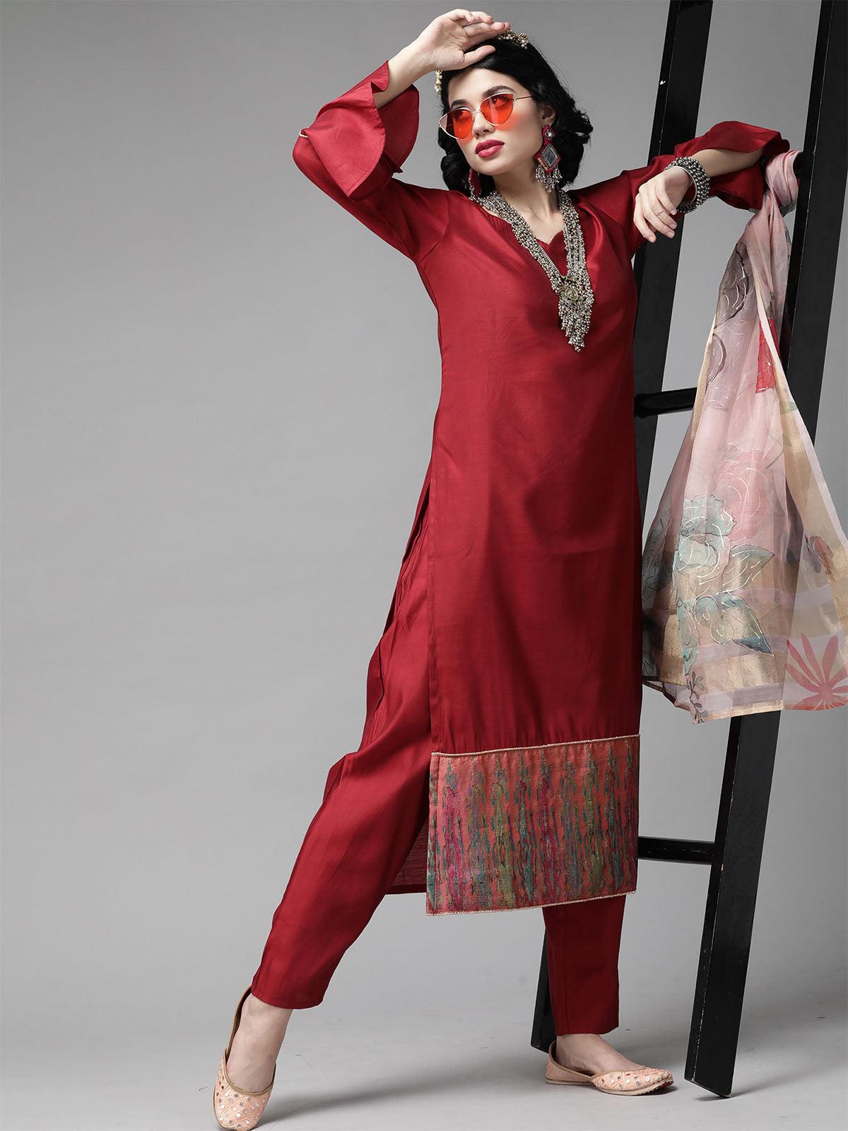 Women's Red Foil Floral Printed Kurta Palazzo With Dupatta Sets - Odette