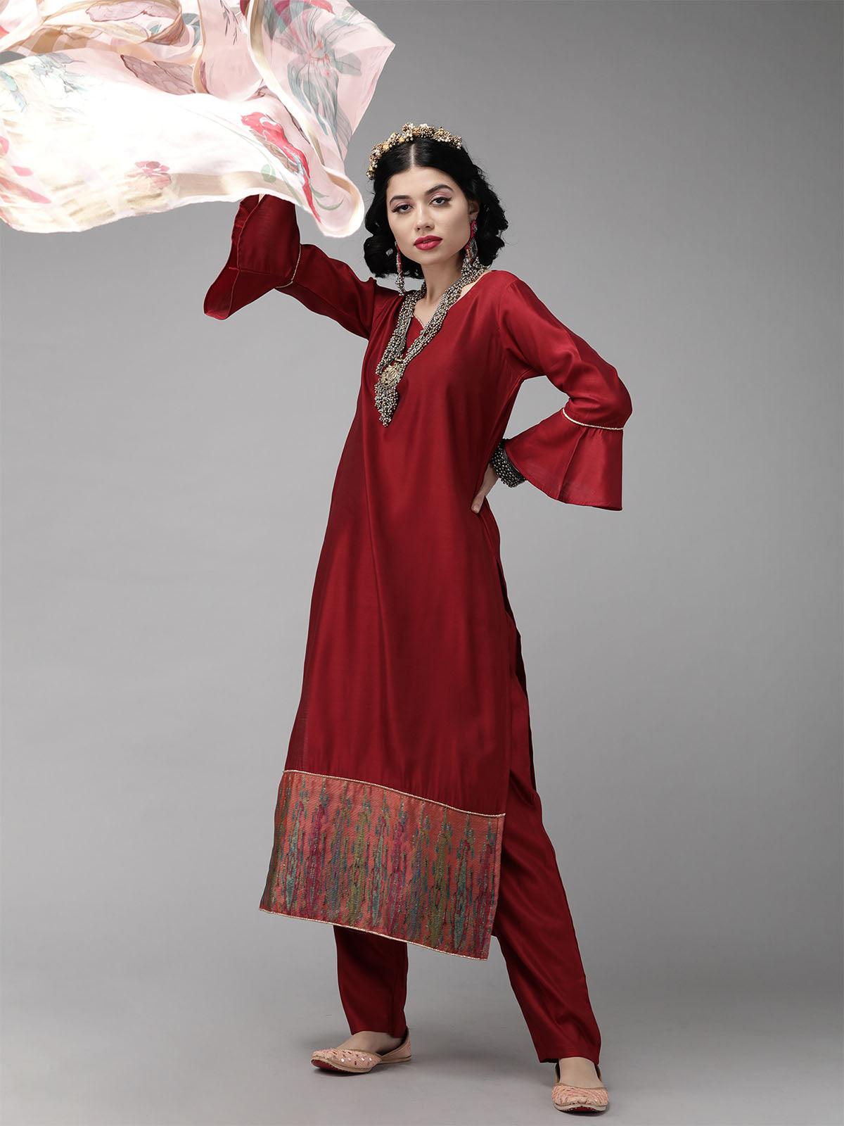 Women's Red Foil Floral Printed Kurta Palazzo With Dupatta Sets - Odette