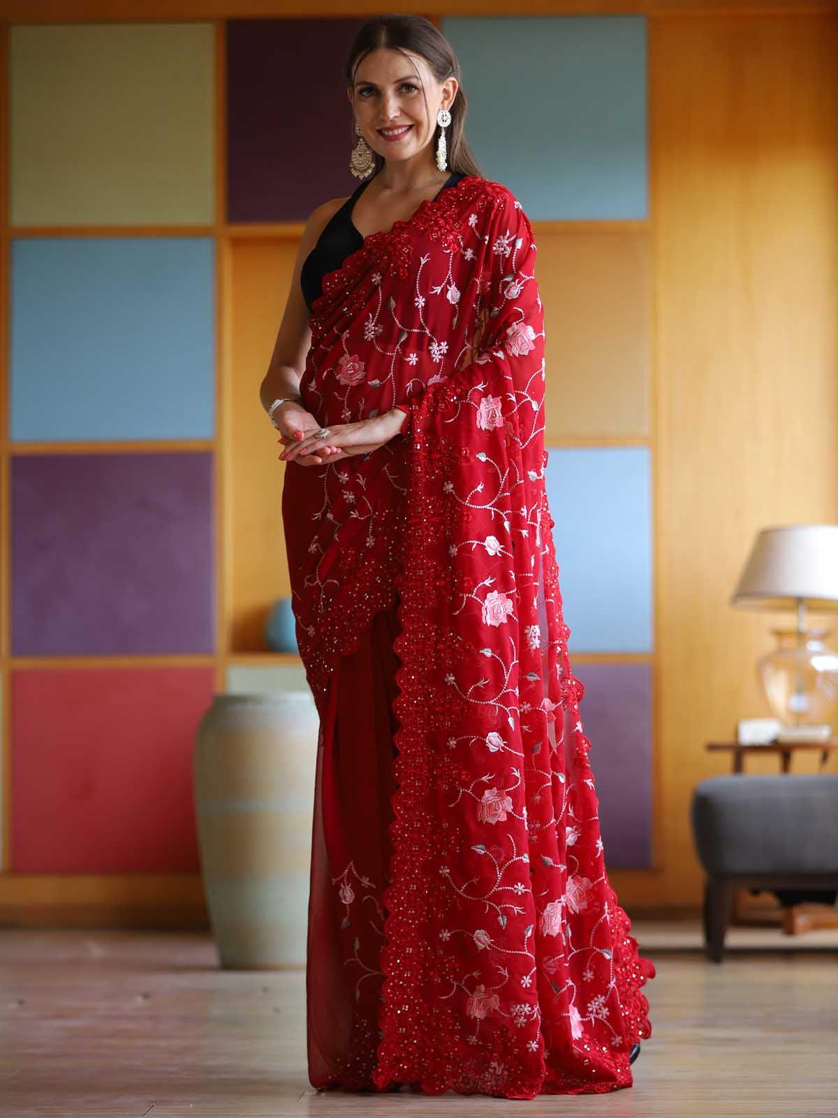 Women's Red Georgette Embroidery Saree With Blouse - Odette