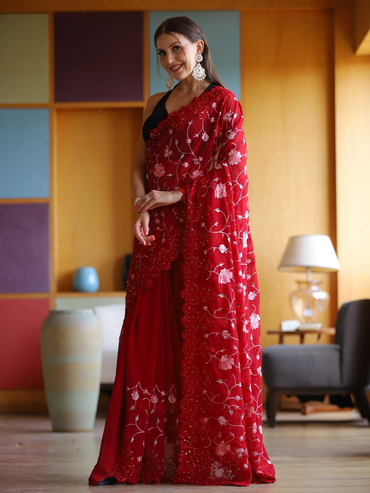 Women's Red Georgette Embroidery Saree With Blouse - Odette