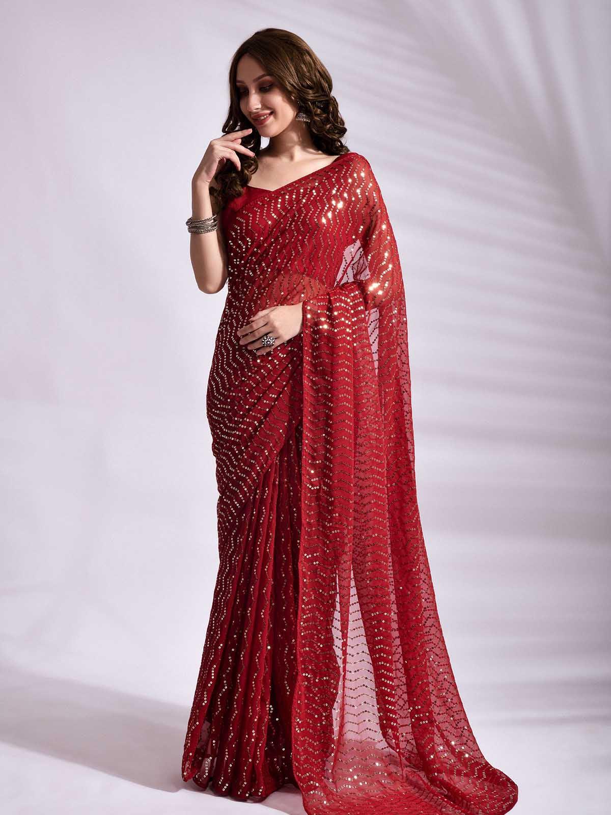 Women's Red Georgette Sequence Saree With Blouse - Odette