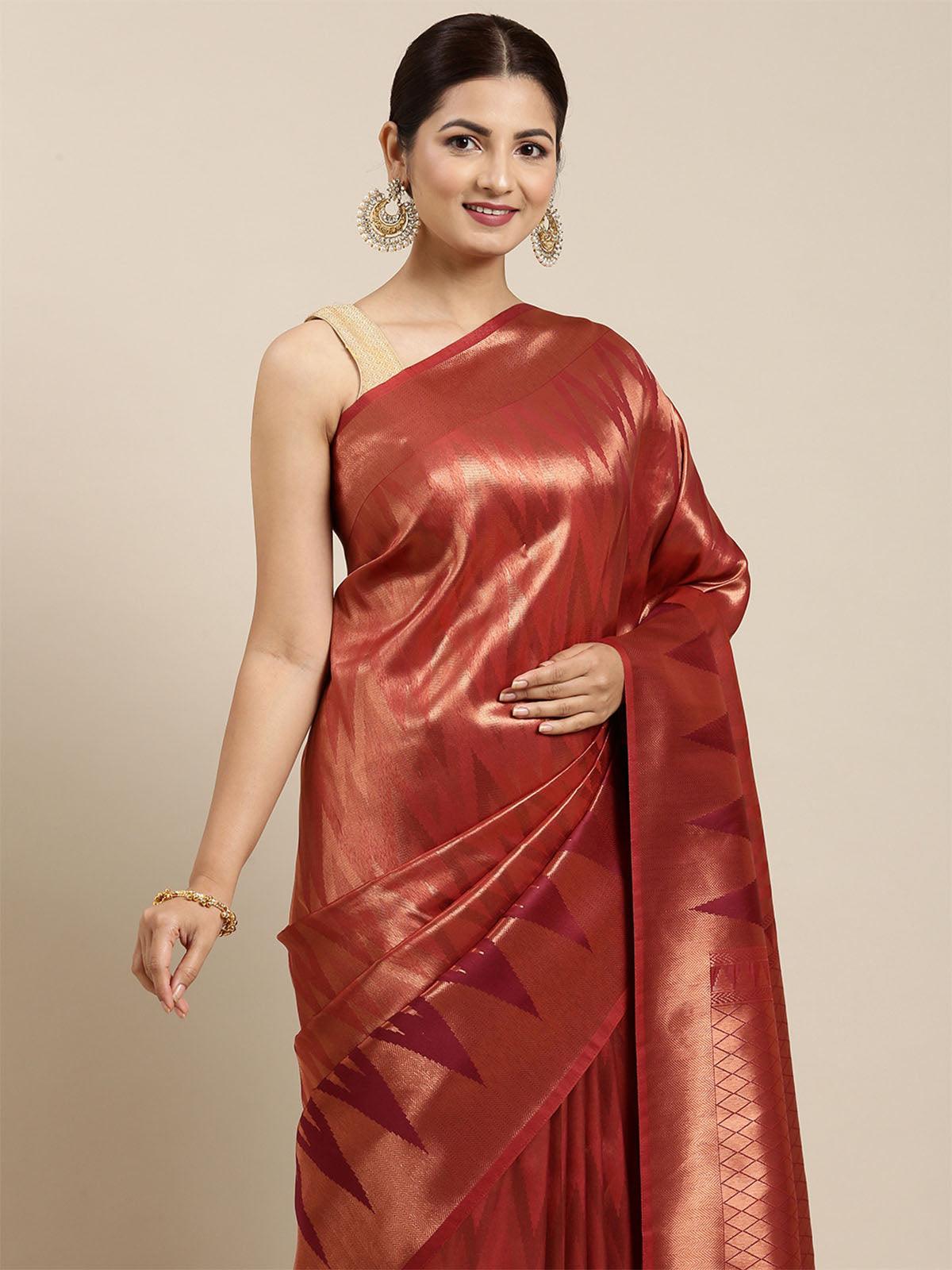 Women's Red Kanjivaram Silk Banarasi Weaving Silk Saree - Odette